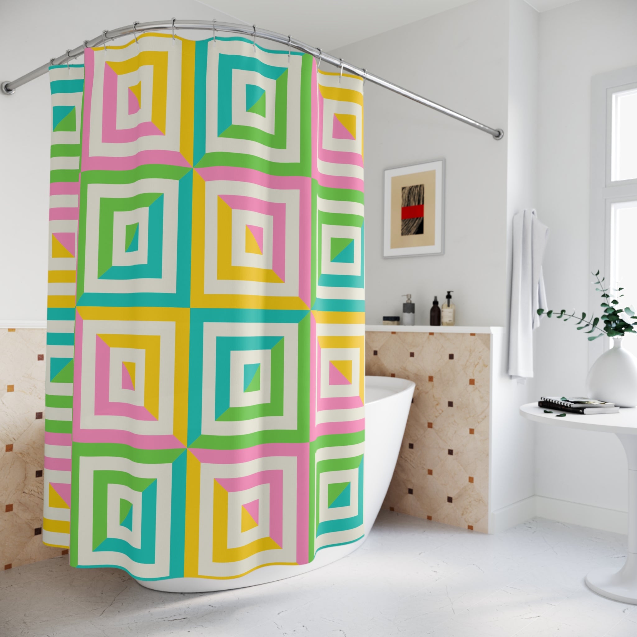 Colorful Geometric Shower Curtain for Vibrant Bathroom Decor, Fun Bathroom Accessories, Bright and Bold Home Decor, Patterned Shower Curtain