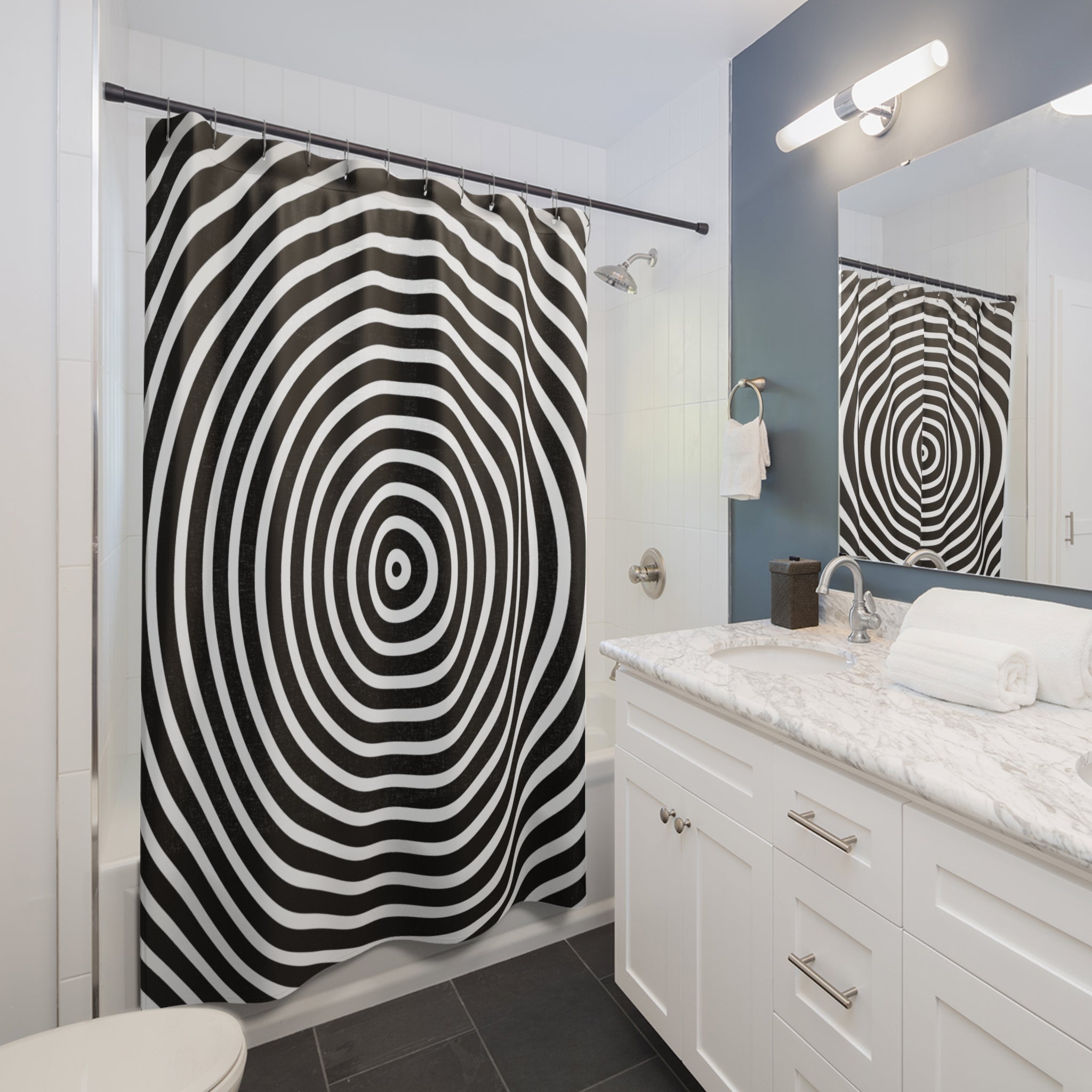 Modern Mega Spiral Geometric Shower Curtain, Minimalist Bathroom Decor, Black and White Stripes, Unique Gift Idea, Trendy Home Accessory
