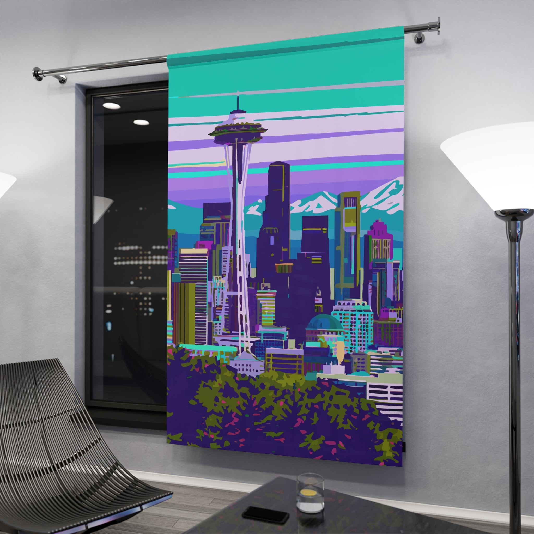 Seattle Greenish Skyline Design Blackout Window Curtain