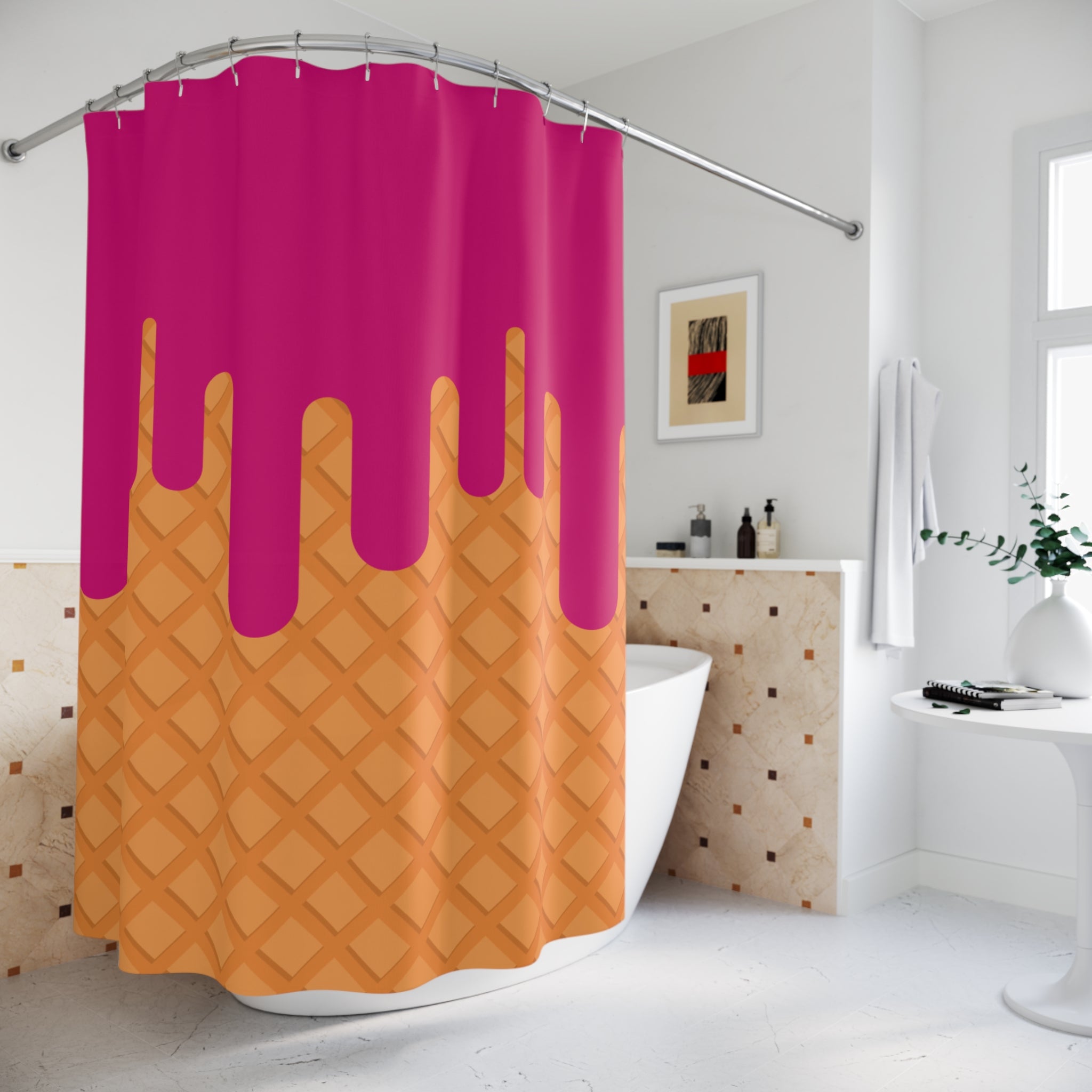 Colorful Dripping Strawberry Ice Cream Cone Shower Curtain - Fun Bathroom Decor, Summer Vibe, Kids' Room, Gift for Ice Cream Lovers, Unique Home Accessory
