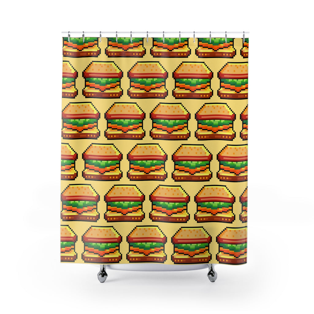 Pixelated Gamer Sandwich Shower Curtain, Fun Decor, Kitchen Theme, Gift for Foodies, Retro Style, Bathroom Accessory