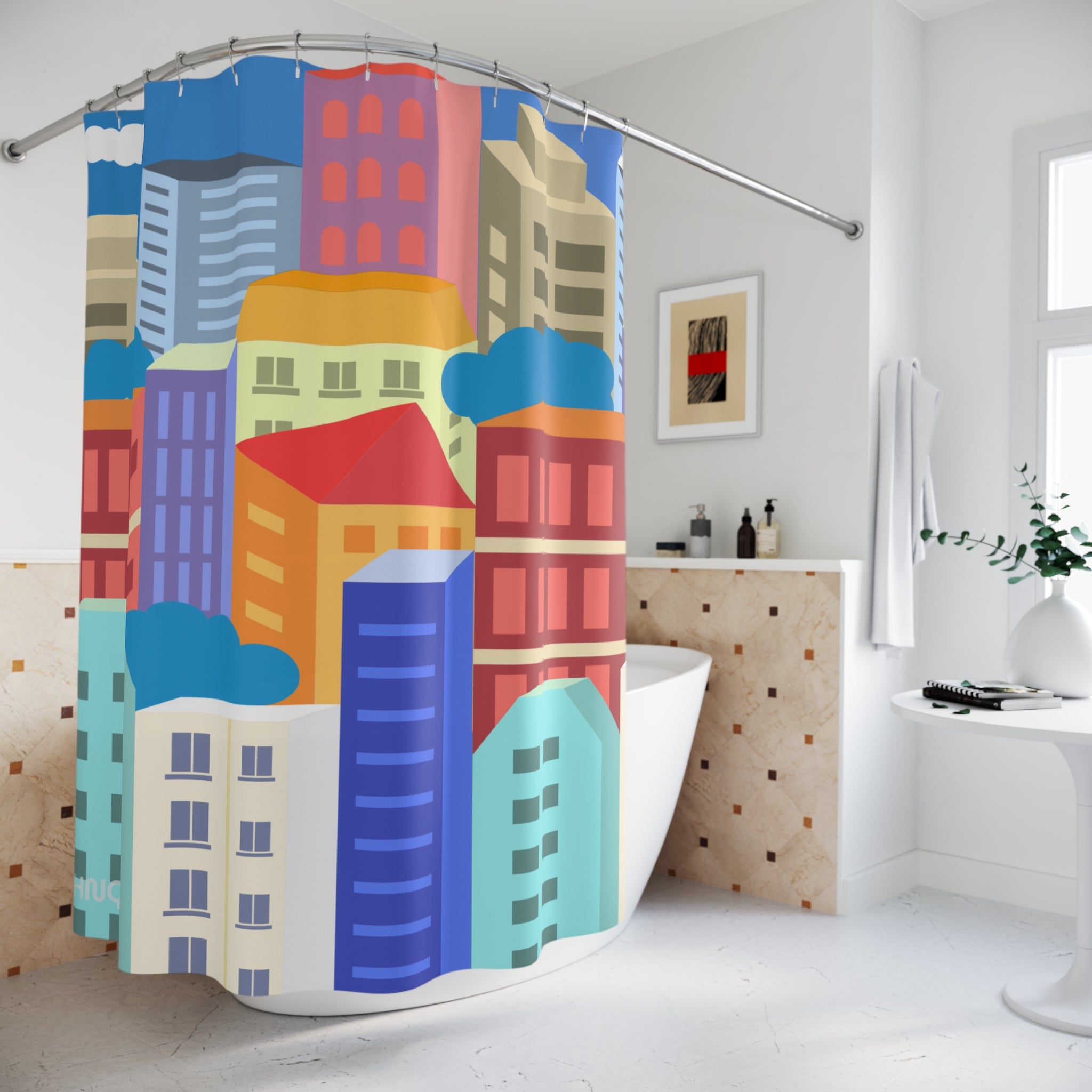 Colorful Cityscape Shower Curtain, Modern Bathroom Decor, Urban Art, Gift for Homeowners, Vibrant Design, City Lover's Gift