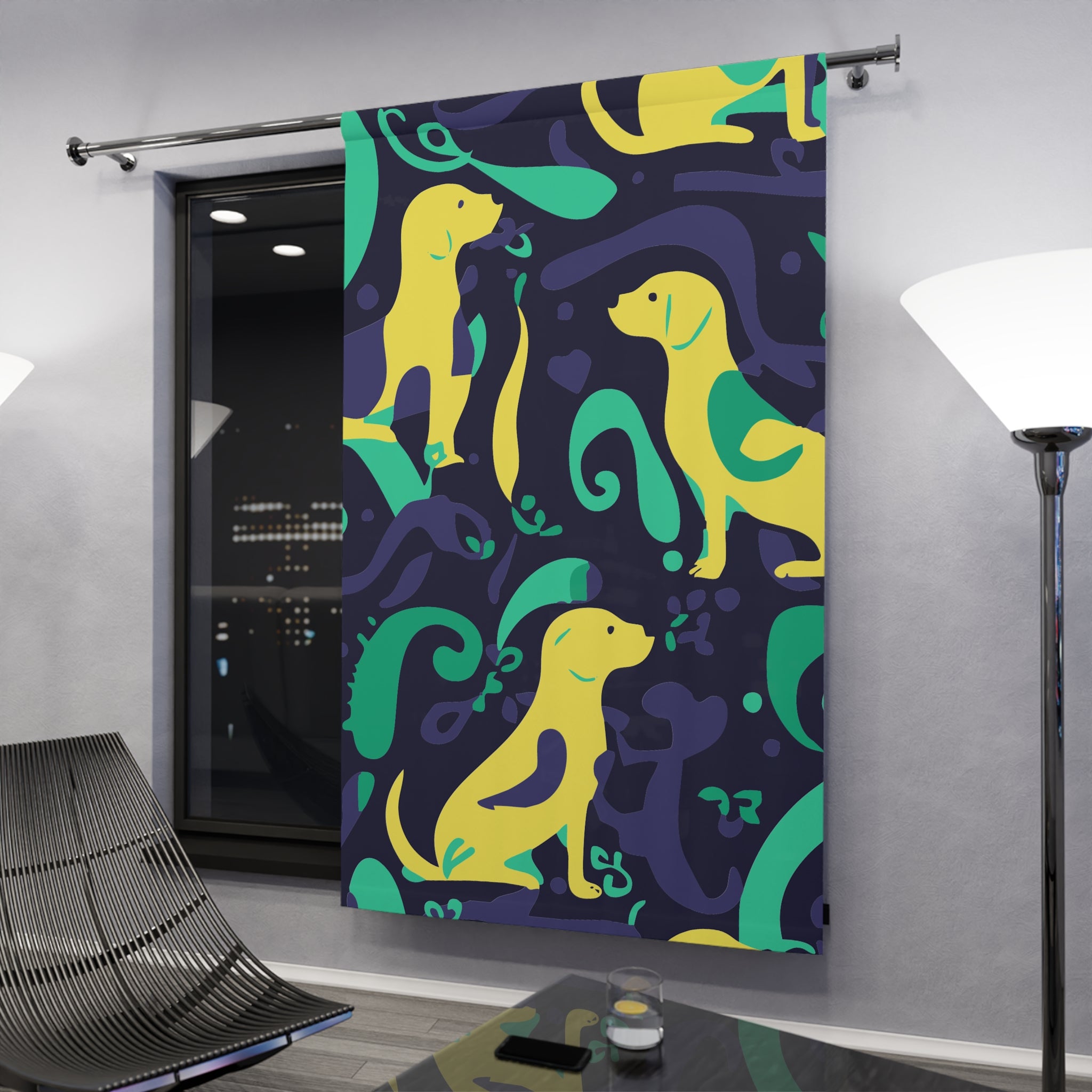 Whimsical Greenish Dog Swirl Blackout Window Curtain