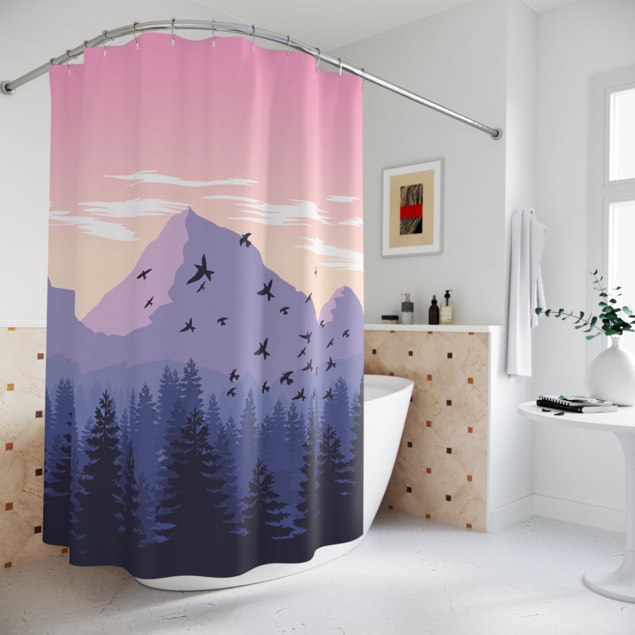 Mountain Pink Sunset and Birds Shower Curtain, Nature-Themed Bathroom Decor, Boho Home Accessory, Relaxing Vibe, Gifts for Nature Lovers
