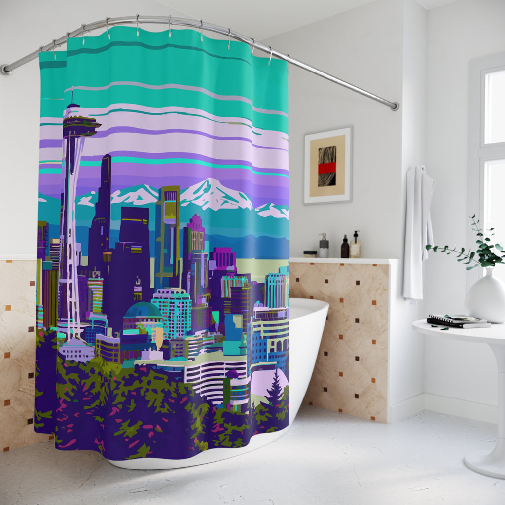 Seattle Greenish Skyline Design Shower Curtain