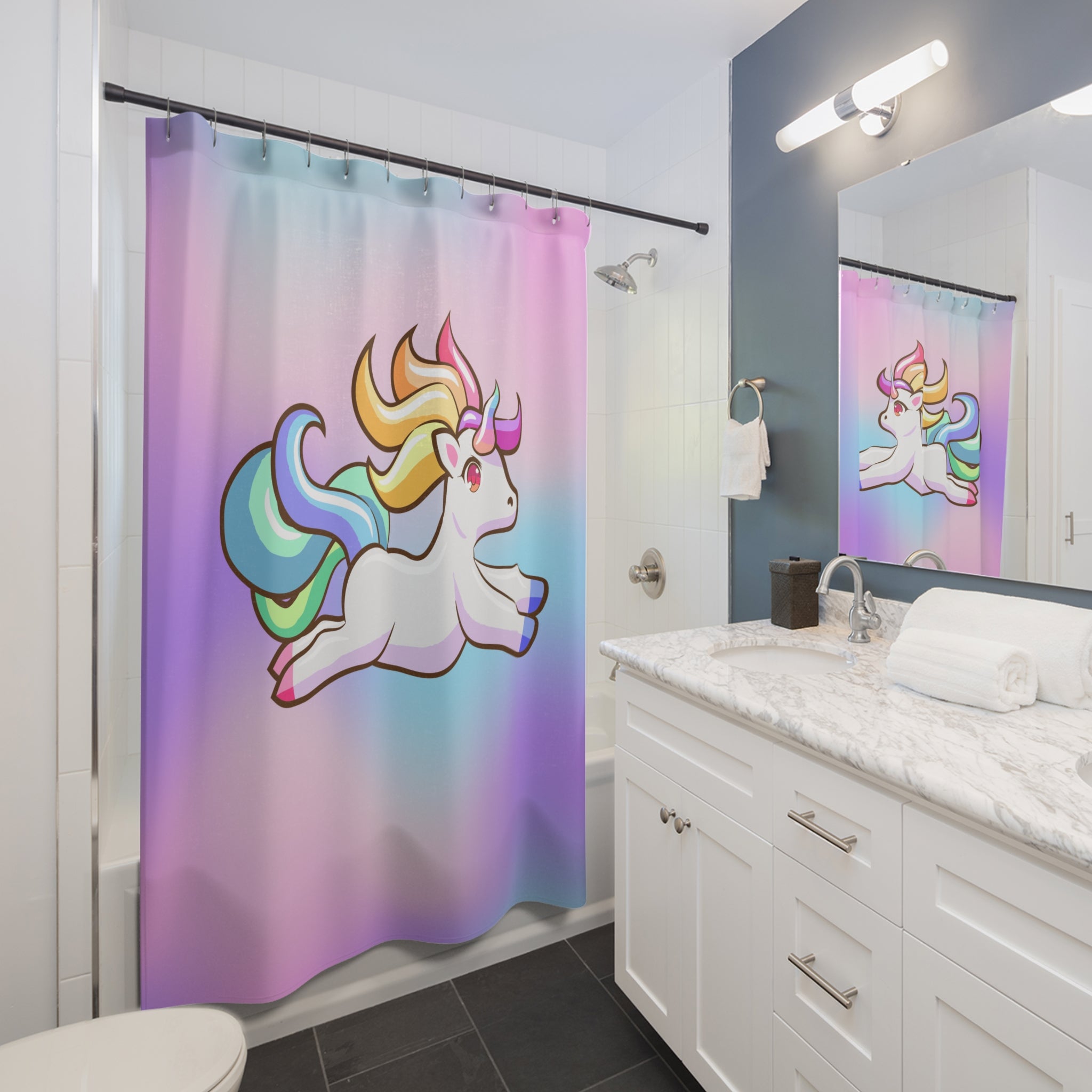 Jumping Unicorn Shower Curtain, Magical Bathroom Decor, Kid's Bathroom, Fantasy Gift, Colorful Home Accents, Whimsical Design