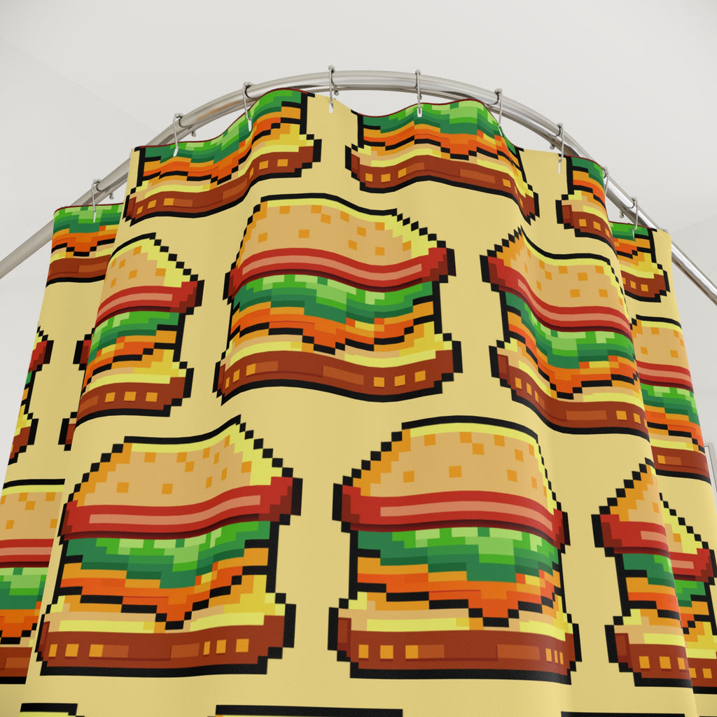 Pixelated Gamer Sandwich Shower Curtain, Fun Decor, Kitchen Theme, Gift for Foodies, Retro Style, Bathroom Accessory
