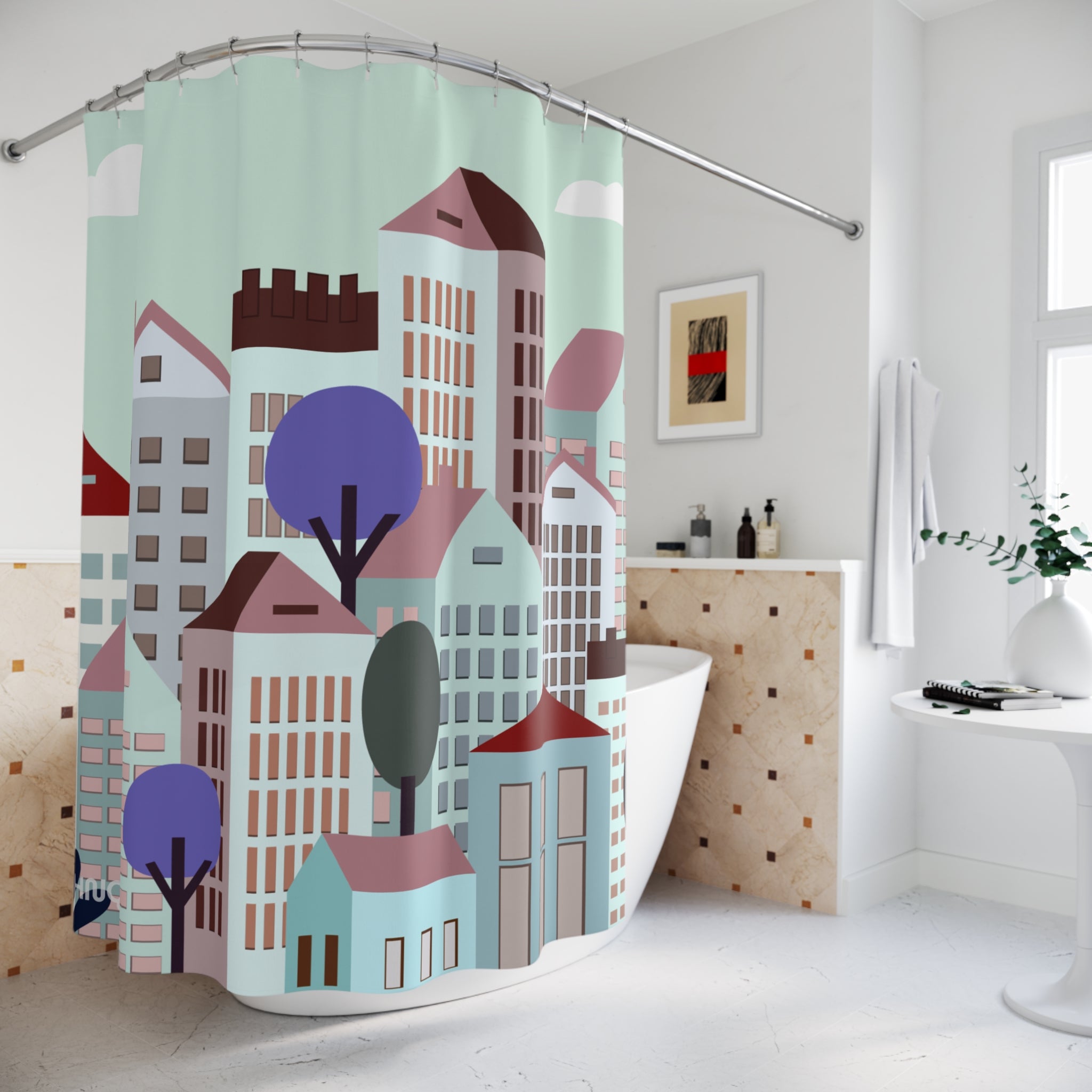 Cityscape Minimalist Shower Curtain | Modern Bathroom Decor | Home Accent | Urban Style | Gift for Housewarming, Holiday, Apartment Decor
