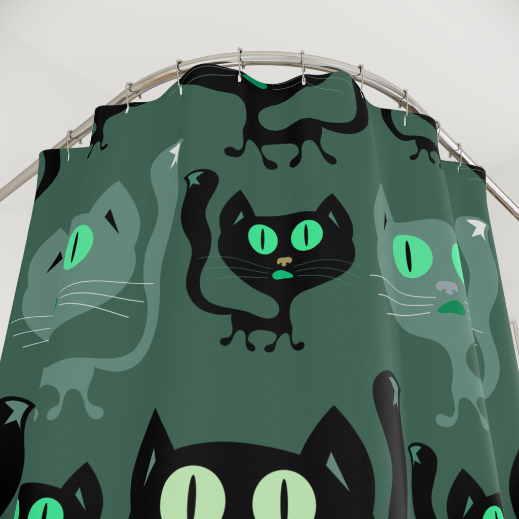 Playful Black Cat Greenish Cat Shower Curtain