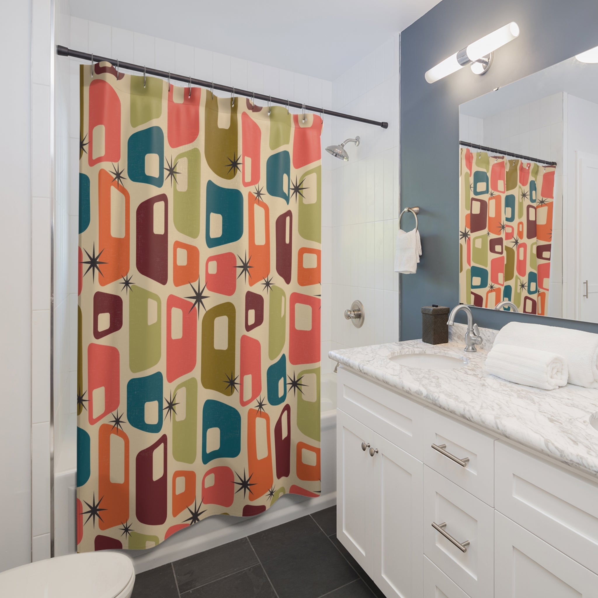 Retro Hanna Geometric Shower Curtain, Mid-Century Decor, Bathroom Makeover, Colorful Bath Accessory, Gift for Homeowners