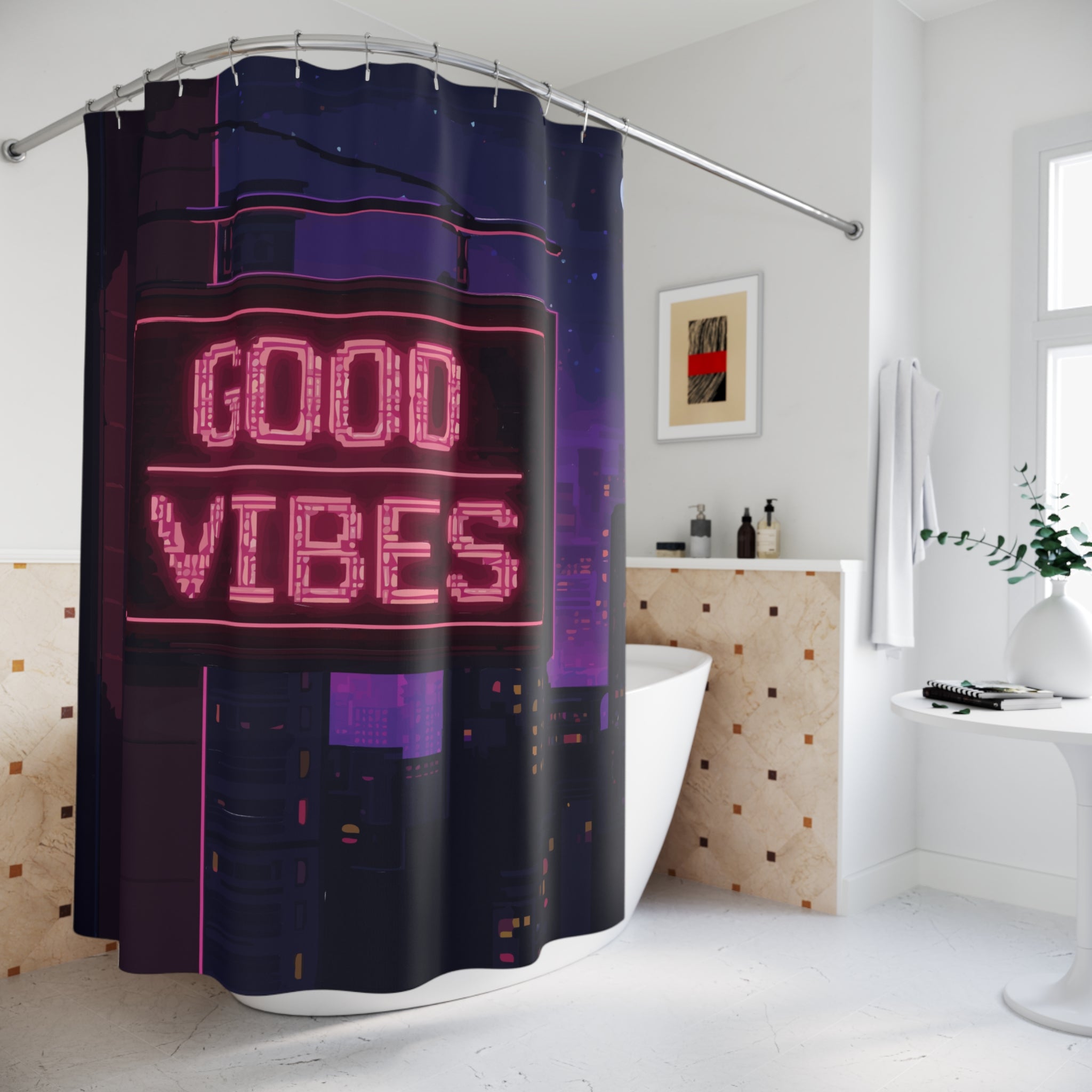 Pixelated Good Vibes City Sign Shower Curtain