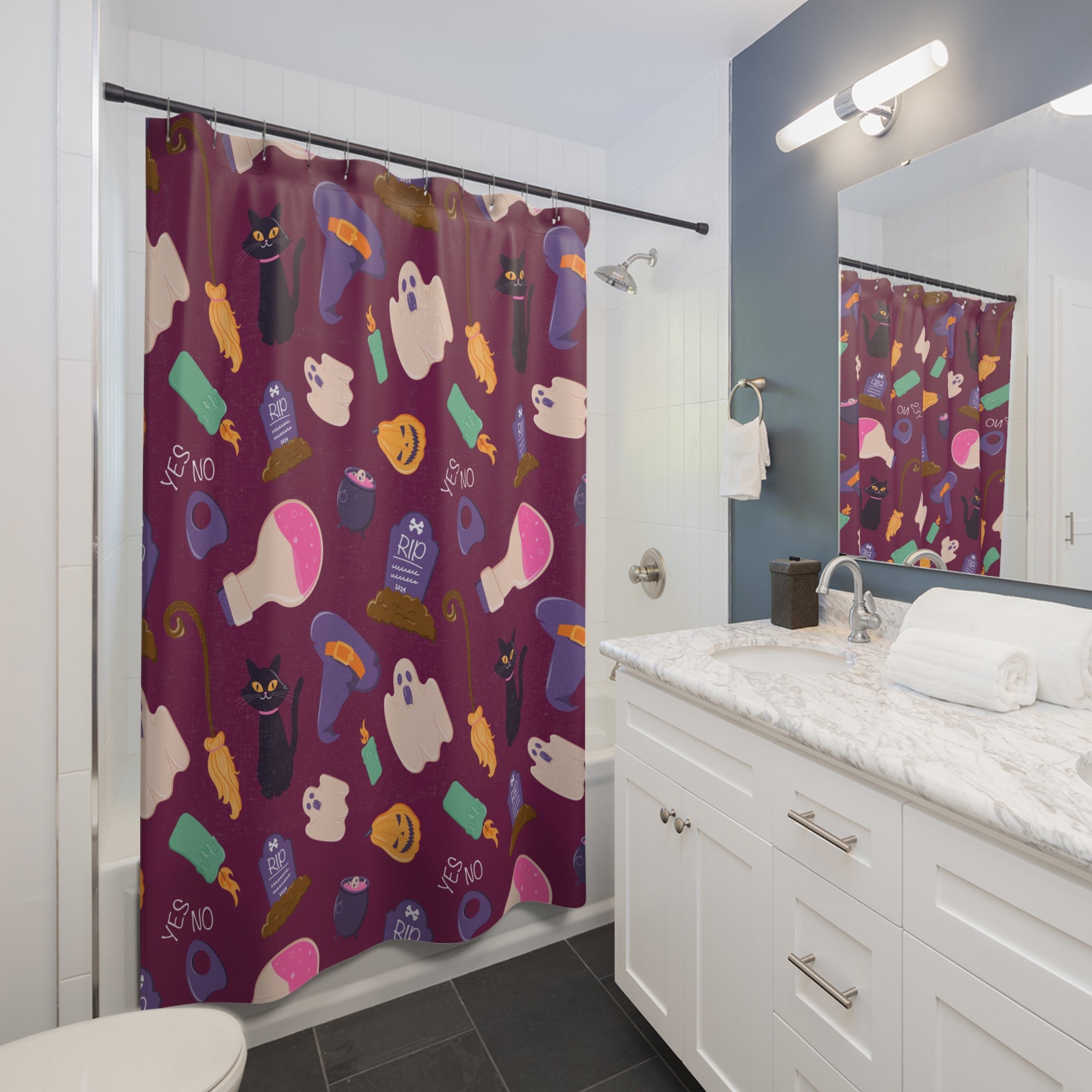 Halloween Shower Curtain with Ghosts, Spooky Decor for Bathroom, Holiday Gifts, Haunted House Theme, Whimsical Design