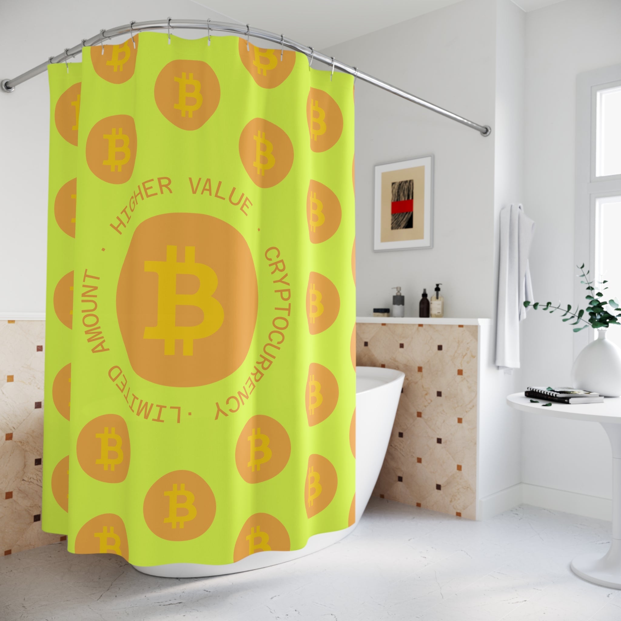 Bitcoin Motivational Cryptocurrency Shower Curtain, Vibrant Bath Decor, Crypto Gift, Unique Bathroom Accessory, Fun Home Decor