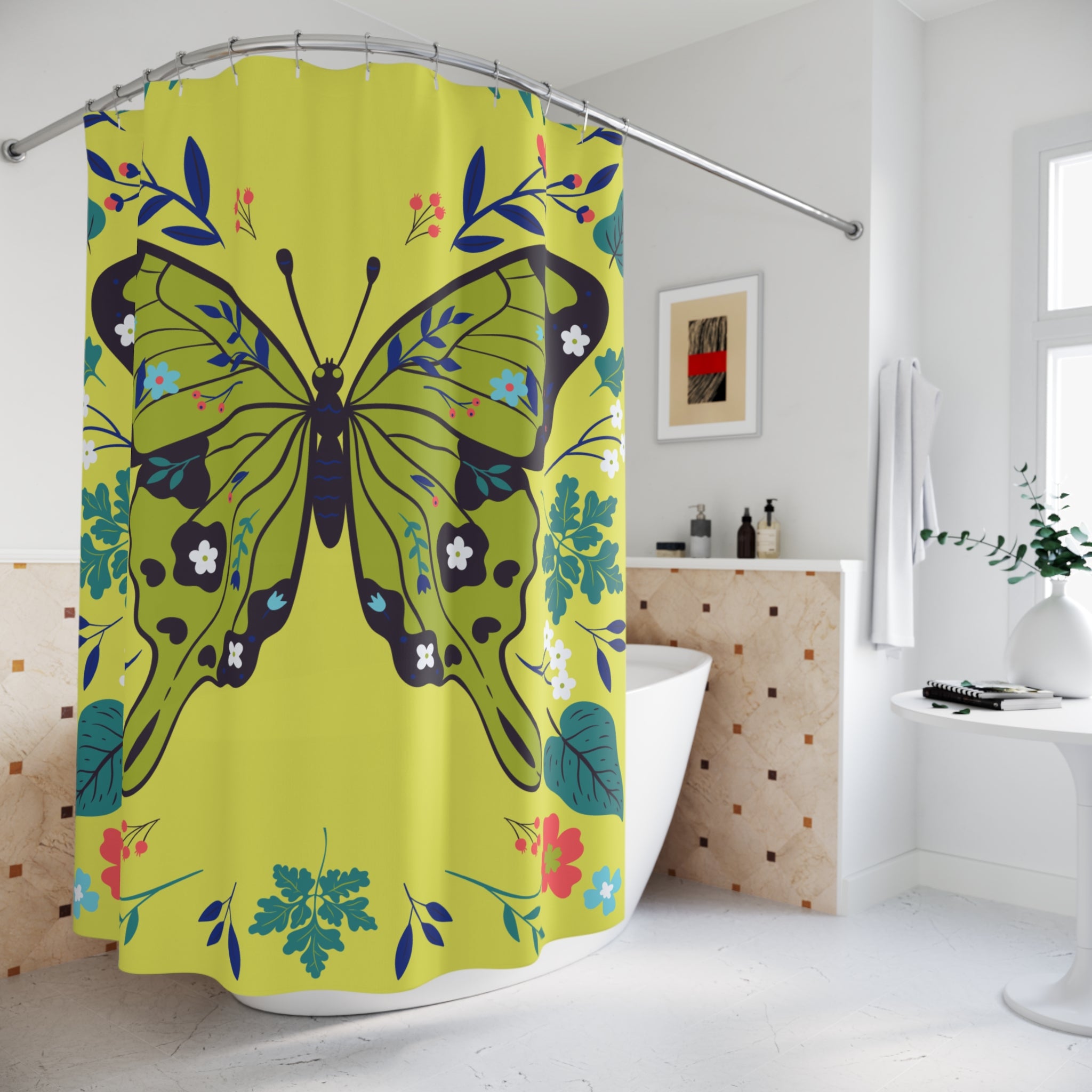 Butterfly Floral Shower Curtain, Vibrant Bathroom Decor, Nature-Inspired Gift, Summer Vibes, Home Decoration, Unique Design