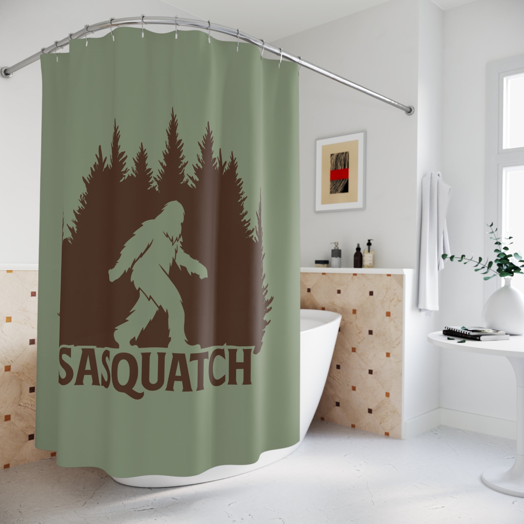 Sasquatch Forest Green Shower Curtain, Forest Bathroom Decor, Bigfoot Gift, Nature Inspired, Rustic Home Decor, Unique Gift for Outdoorsy