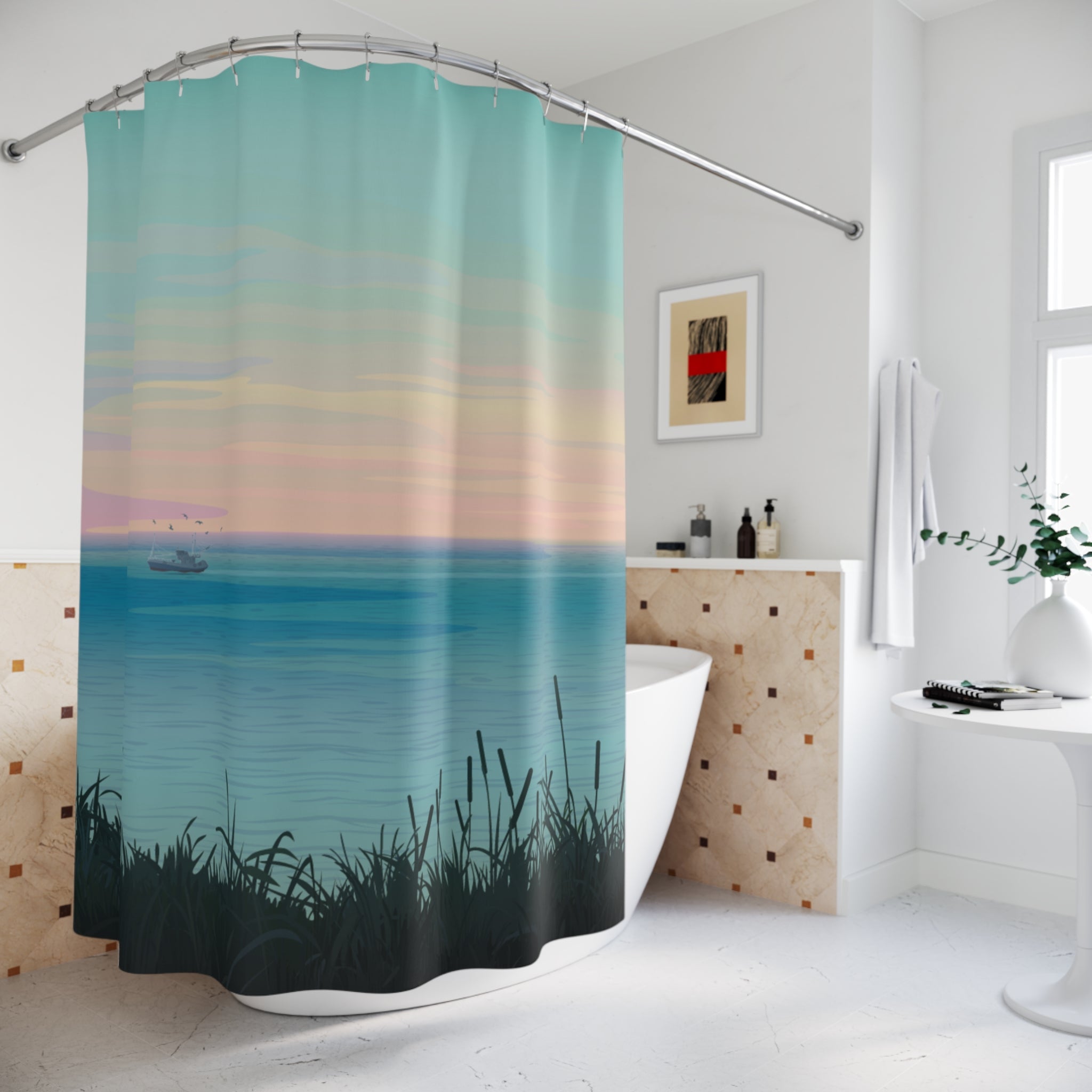Serene Coastal Minimalist Shower Curtain, Ocean Wave Bathroom Decor, Relaxing Home Accent, Nautical Gift, Tranquil Vibe