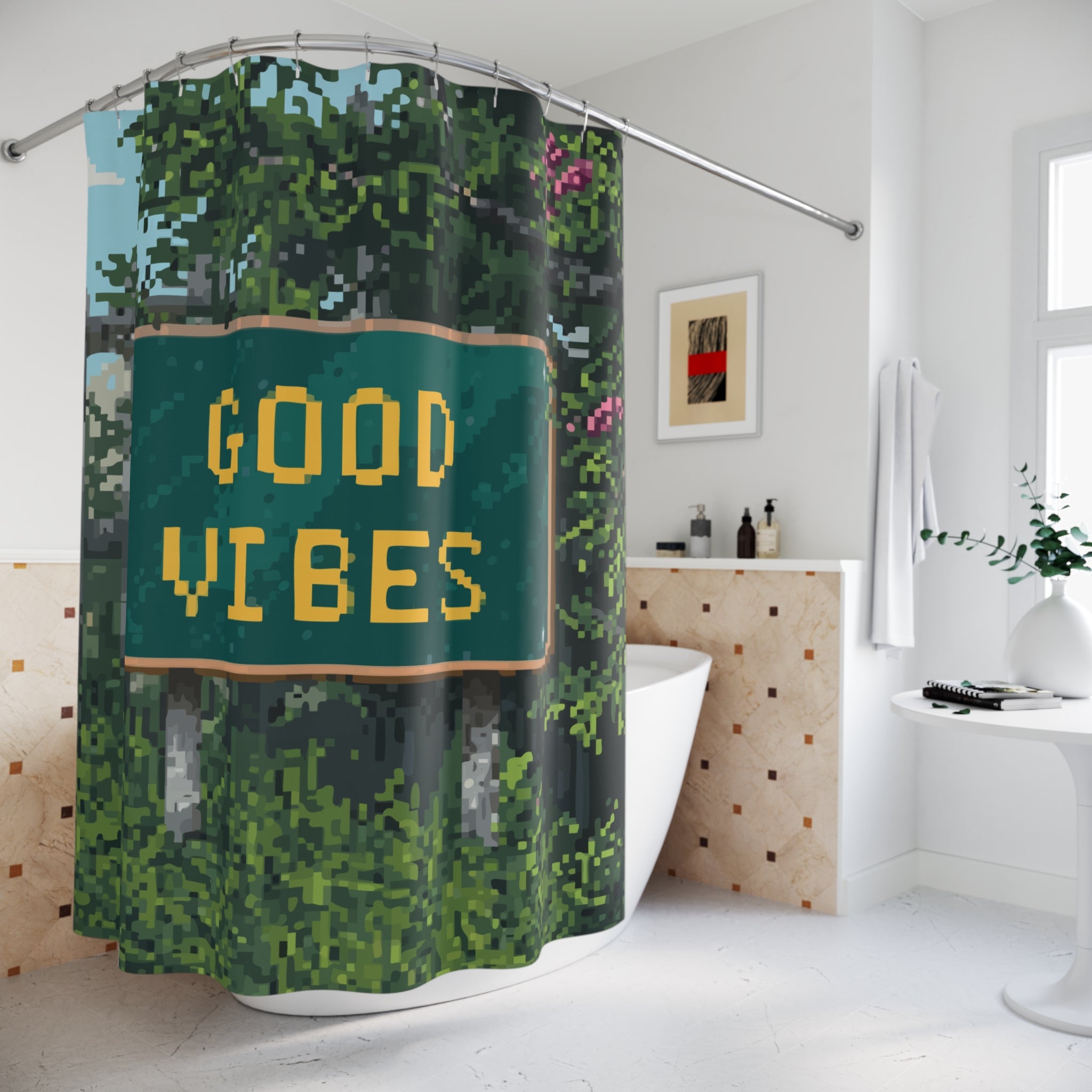 Pixelated Leafy Good Vibes Sign Shower Curtain