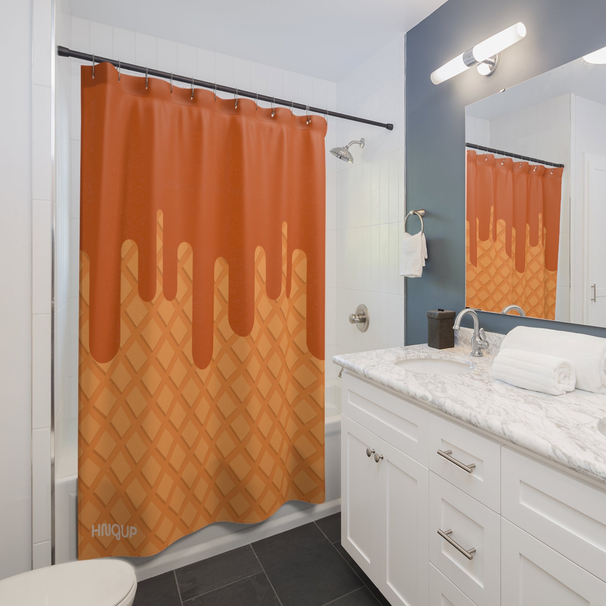 Modern Dripping Caramel Waffle Ice Cream Cone Shower Curtain, Unique Home Decor, Bathroom Accessories, Gift for Food Lovers, Kitchen Theme