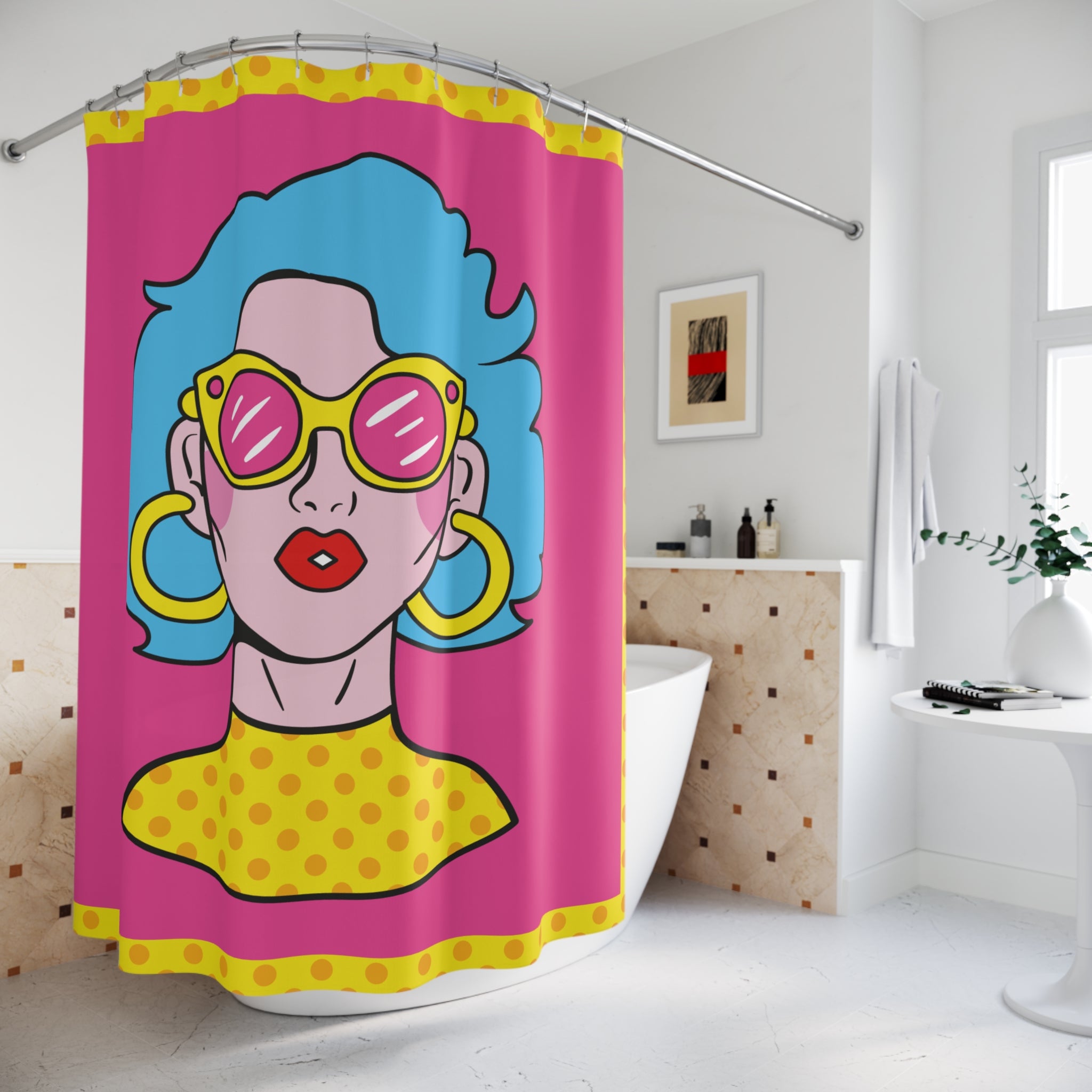 Vibrant Retro Shower Curtain Featuring Cool Sunglass Girl | Fun Bathroom Decor, Pop Art Style, Bright Colors, Unique Gift Idea, Quirky [...]