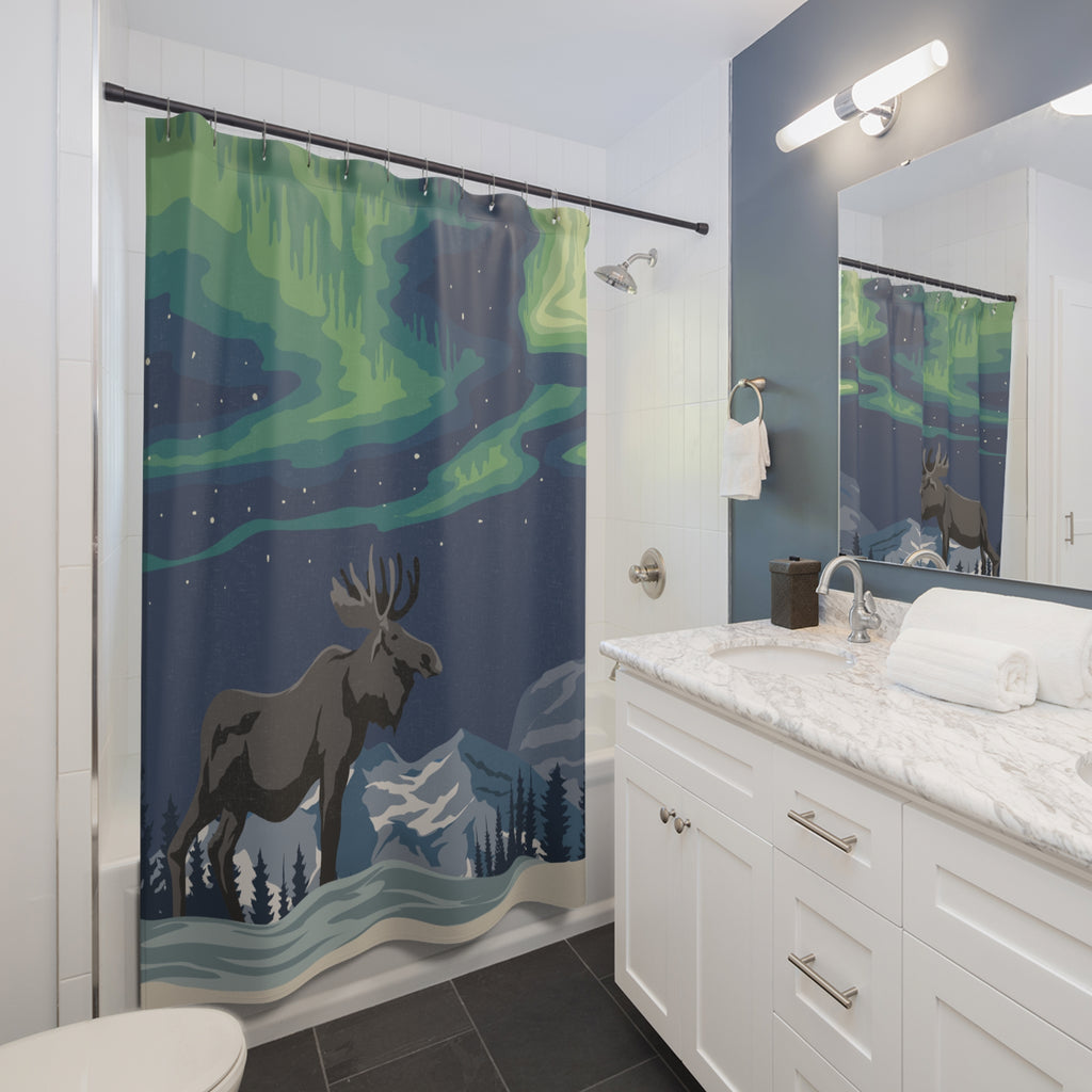 Alaskan Moose Under Northern Lights Shower Curtain – Nature-Inspired Bathroom Decor, Home Gift, Rustic Lodge, Wildlife Theme, Cabin Style