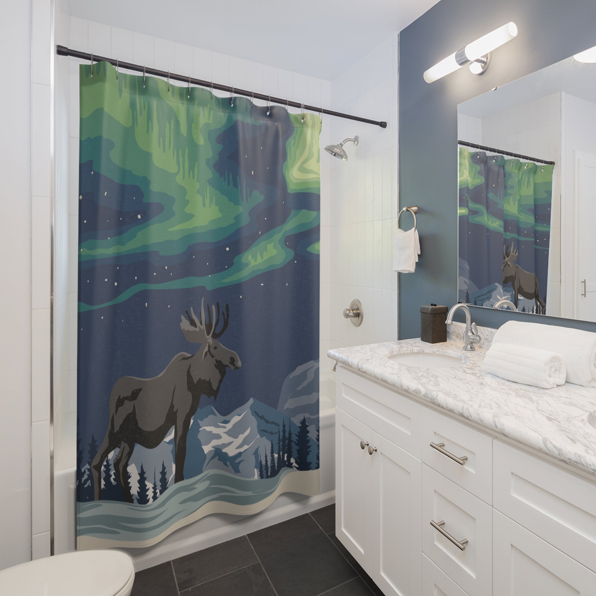 Alaskan Moose Under Northern Lights Shower Curtain – Nature-Inspired Bathroom Decor, Home Gift, Rustic Lodge, Wildlife Theme, Cabin Style