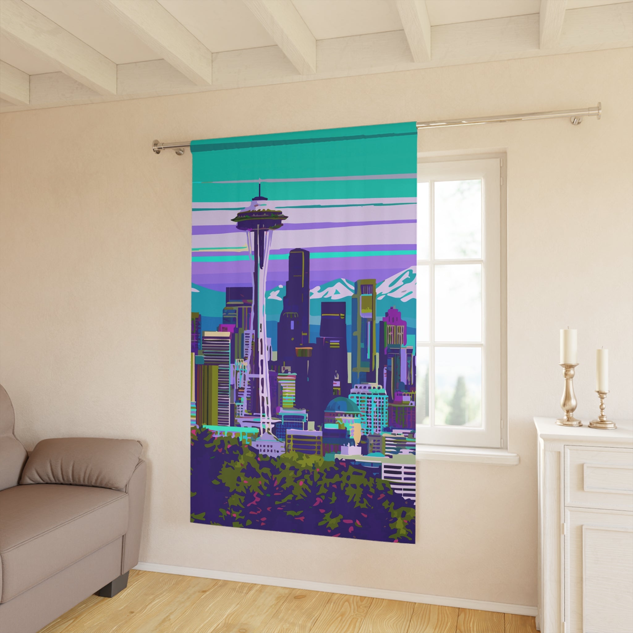 Seattle Greenish Skyline Design Blackout Window Curtain