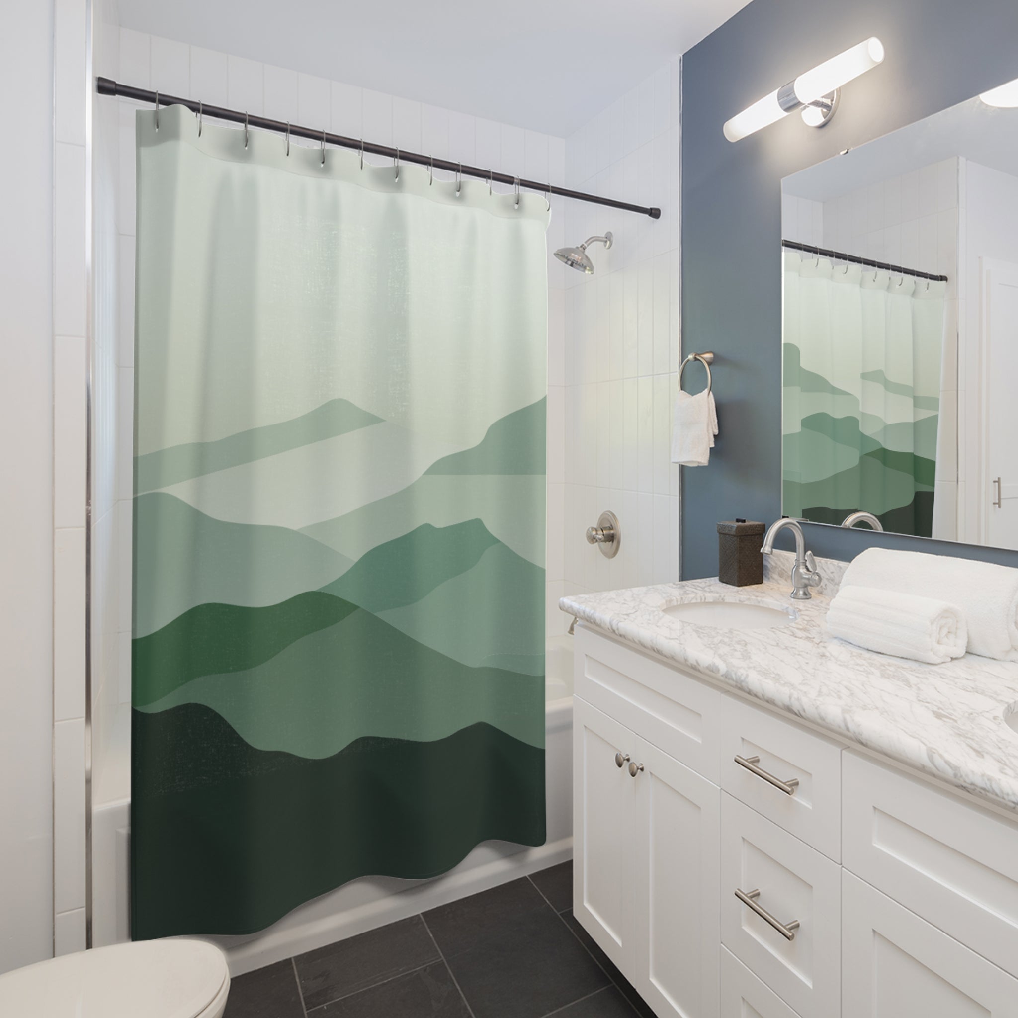 Serene Green Mountain Shower Curtain, Minimalist Bathroom Decor, Peaceful Shower Curtain, Nature Inspired Design, Modern Home Accessory