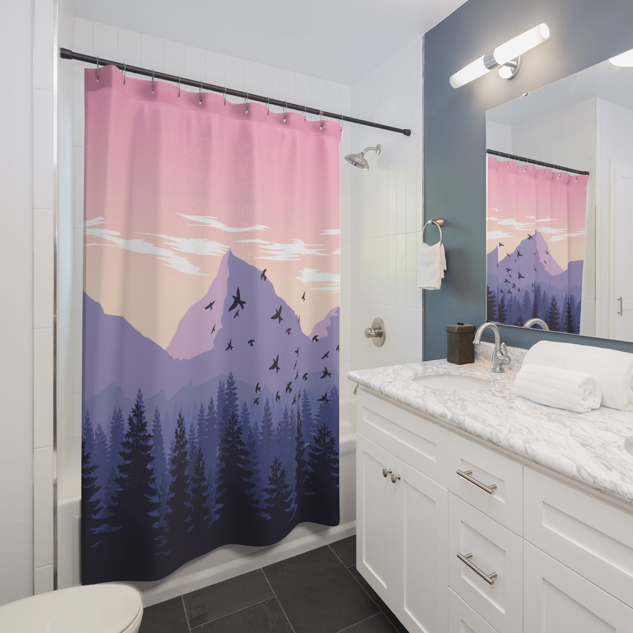 Mountain Pink Sunset and Birds Shower Curtain, Nature-Themed Bathroom Decor, Boho Home Accessory, Relaxing Vibe, Gifts for Nature Lovers