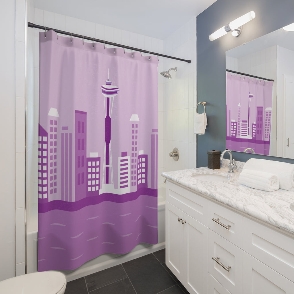 Seattle Skyline Shower Curtain, Purple Cityscape Bathroom Decor, Modern Home Accessory for Urban Style, Perfect Housewarming Gift