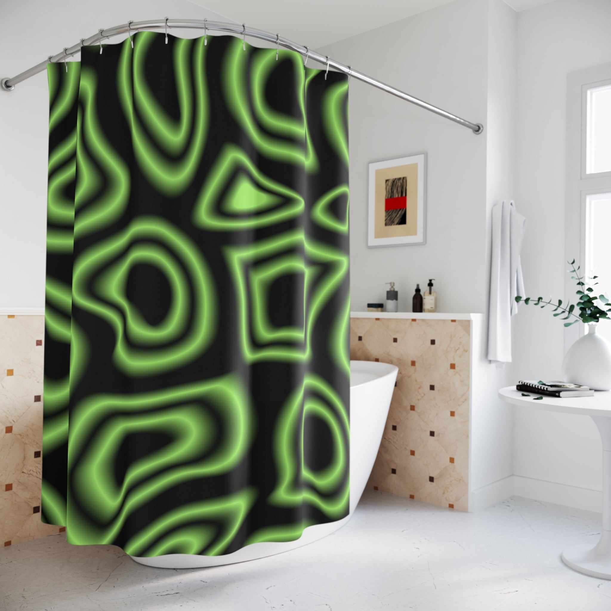 Neon Wave Shower Curtain, Modern Bathroom Decor, Unique Gift for Home, Groovy Vibes, Green Black Design, Trendy Home Accessories