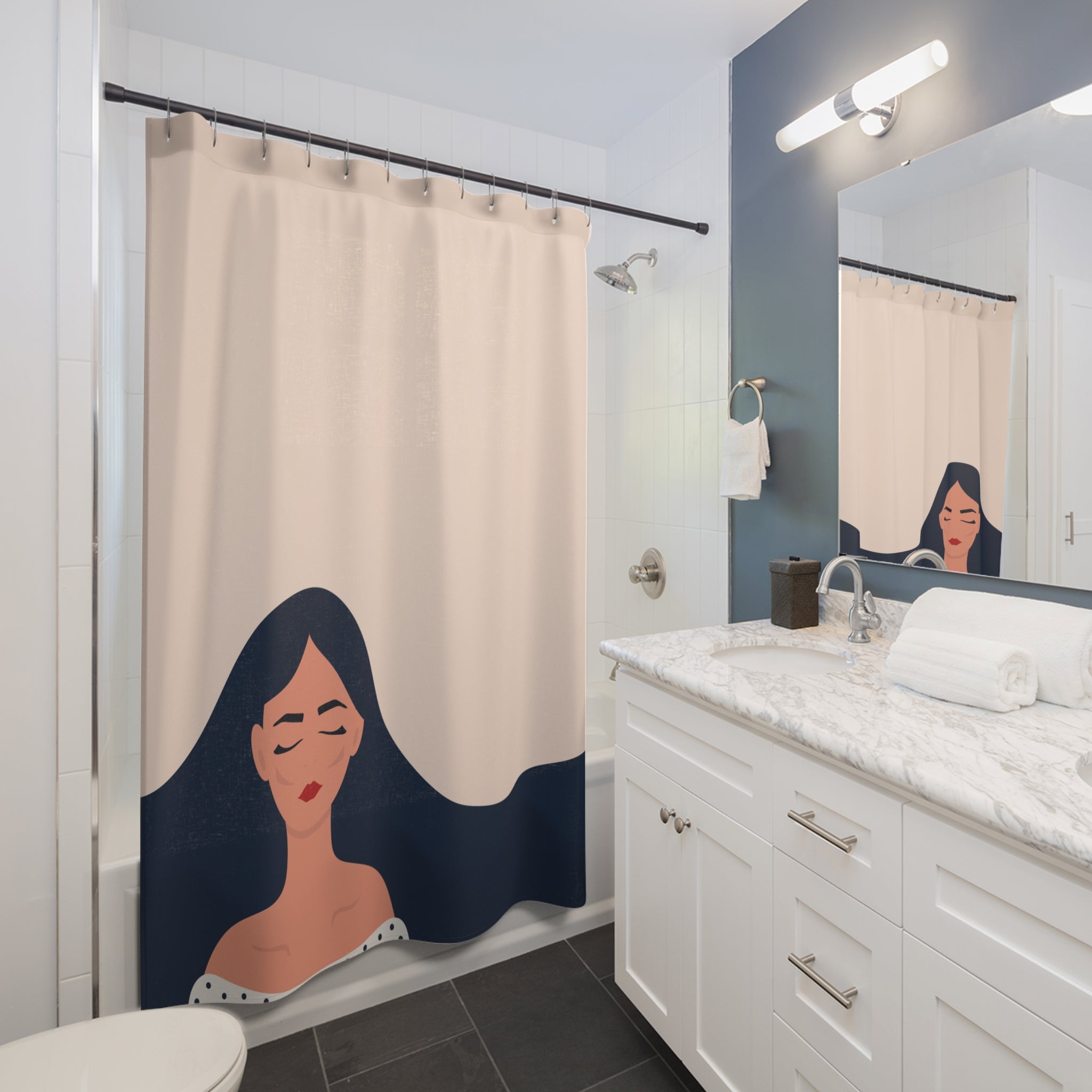 Serene Woman Shower Curtains with Minimalist Design, Aesthetic Home Decor, Relaxing Bathroom Vibe, Gift for Her, Spa Inspired