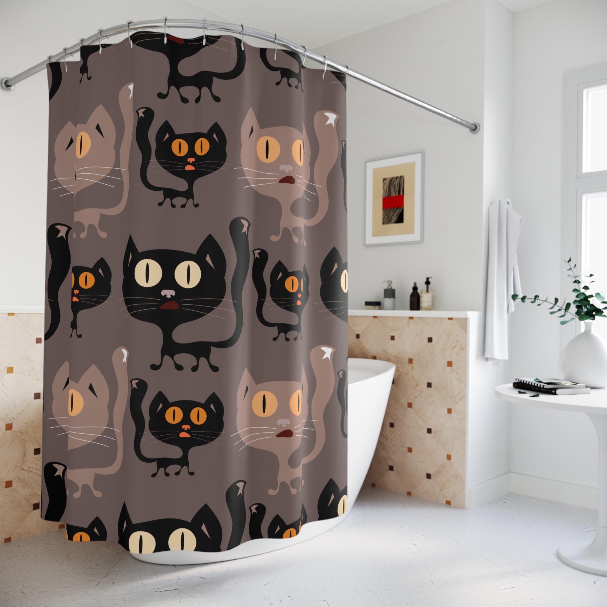 Playful Black Cat Brownish Cat Shower Curtain
