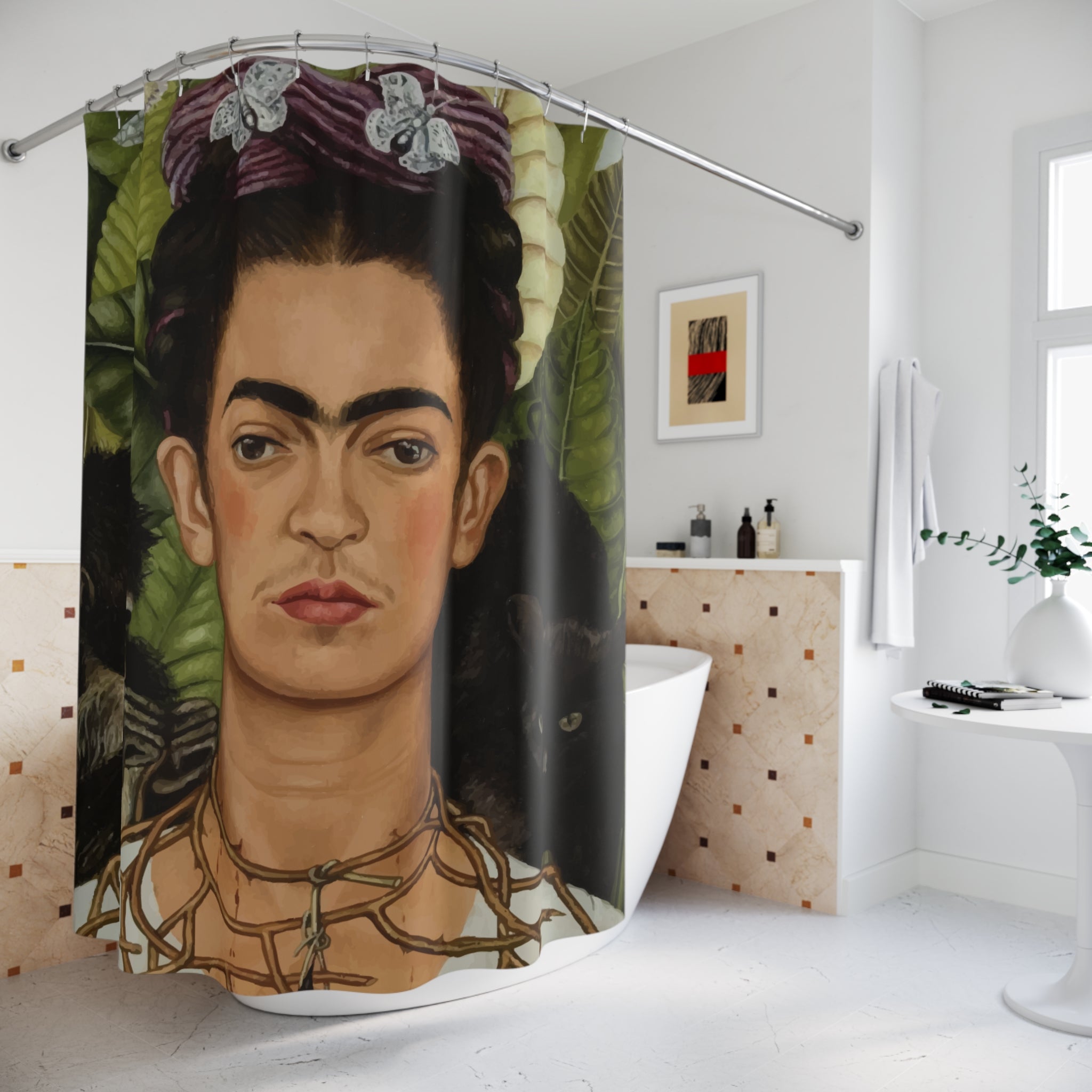 Frida Kahlo-Inspired Shower Curtain, Artistic Home Decor, Boho Bathroom Accent, Gift for Art Lovers, Unique Bath Accessory