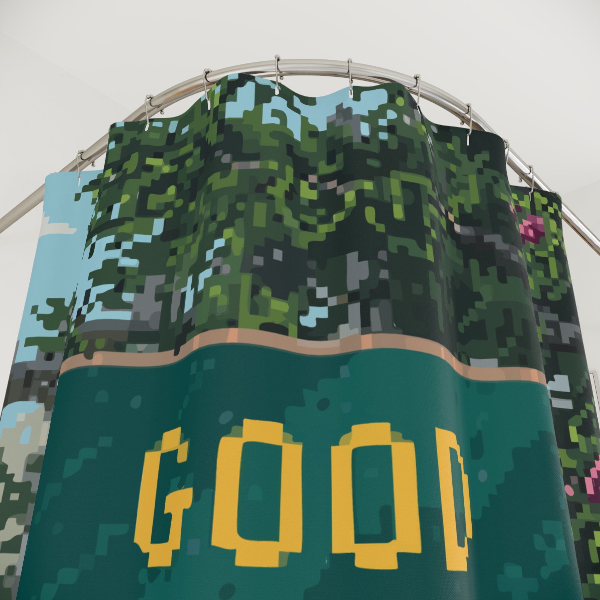 Pixelated Leafy Good Vibes Sign Shower Curtain