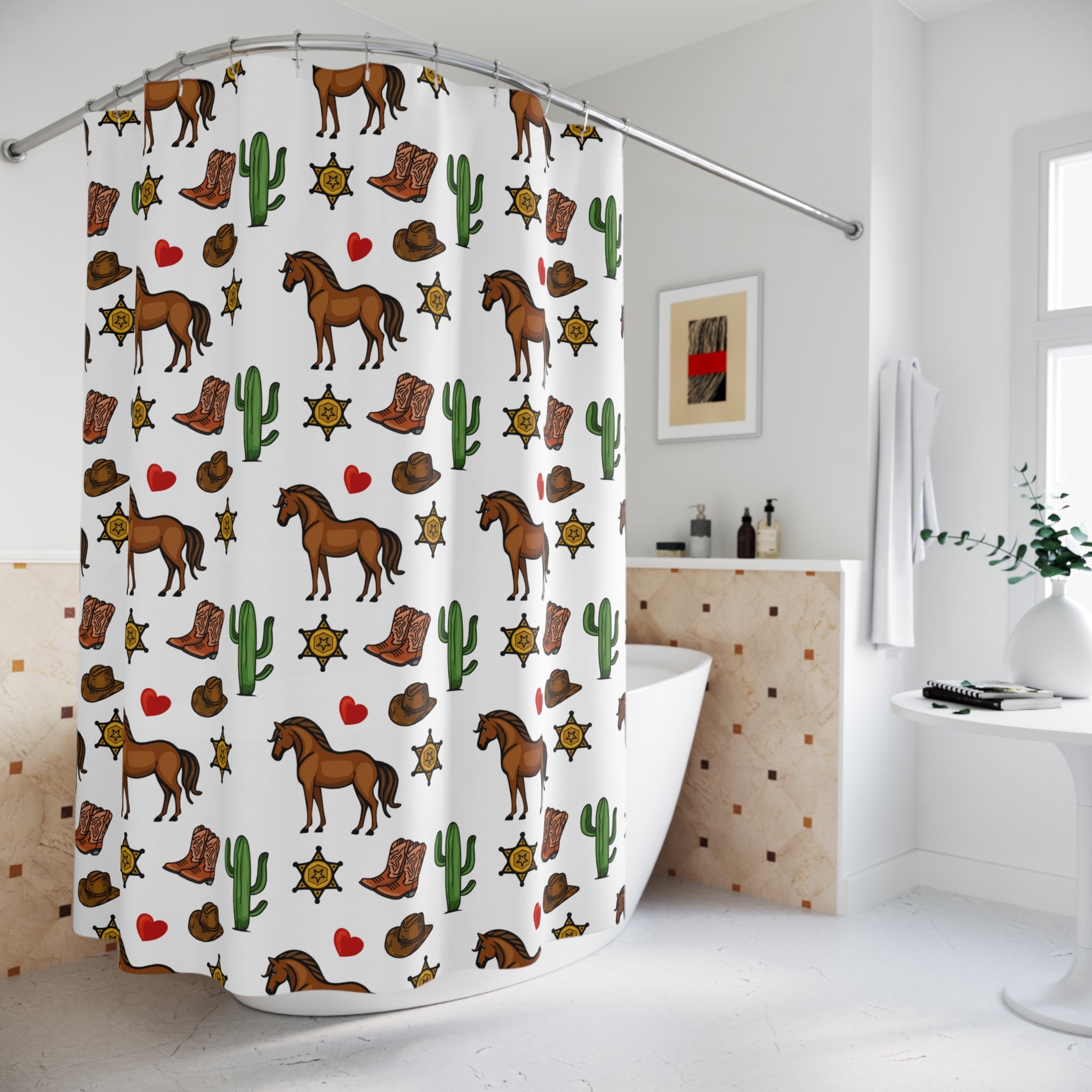 Texas Living Western-Themed Shower Curtain, Rustic Bathroom Decor, Horse and Cactus Design, Cowboy Style, Perfect for Country Homes