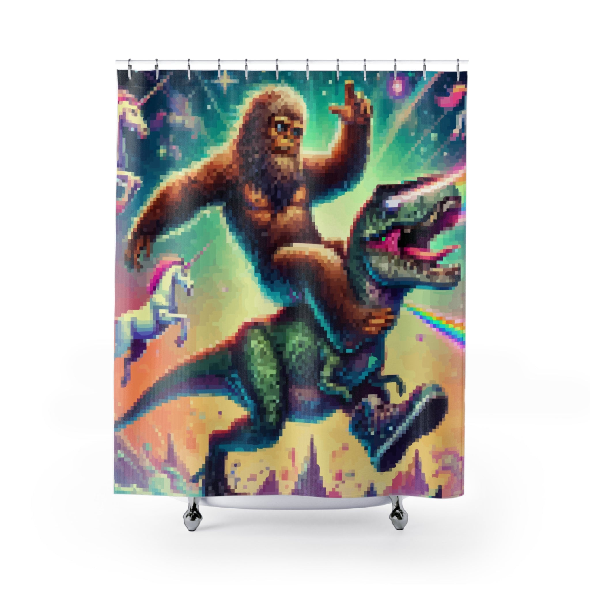 Pixelated Sasquatch Riding Dinosaur Shower Curtain