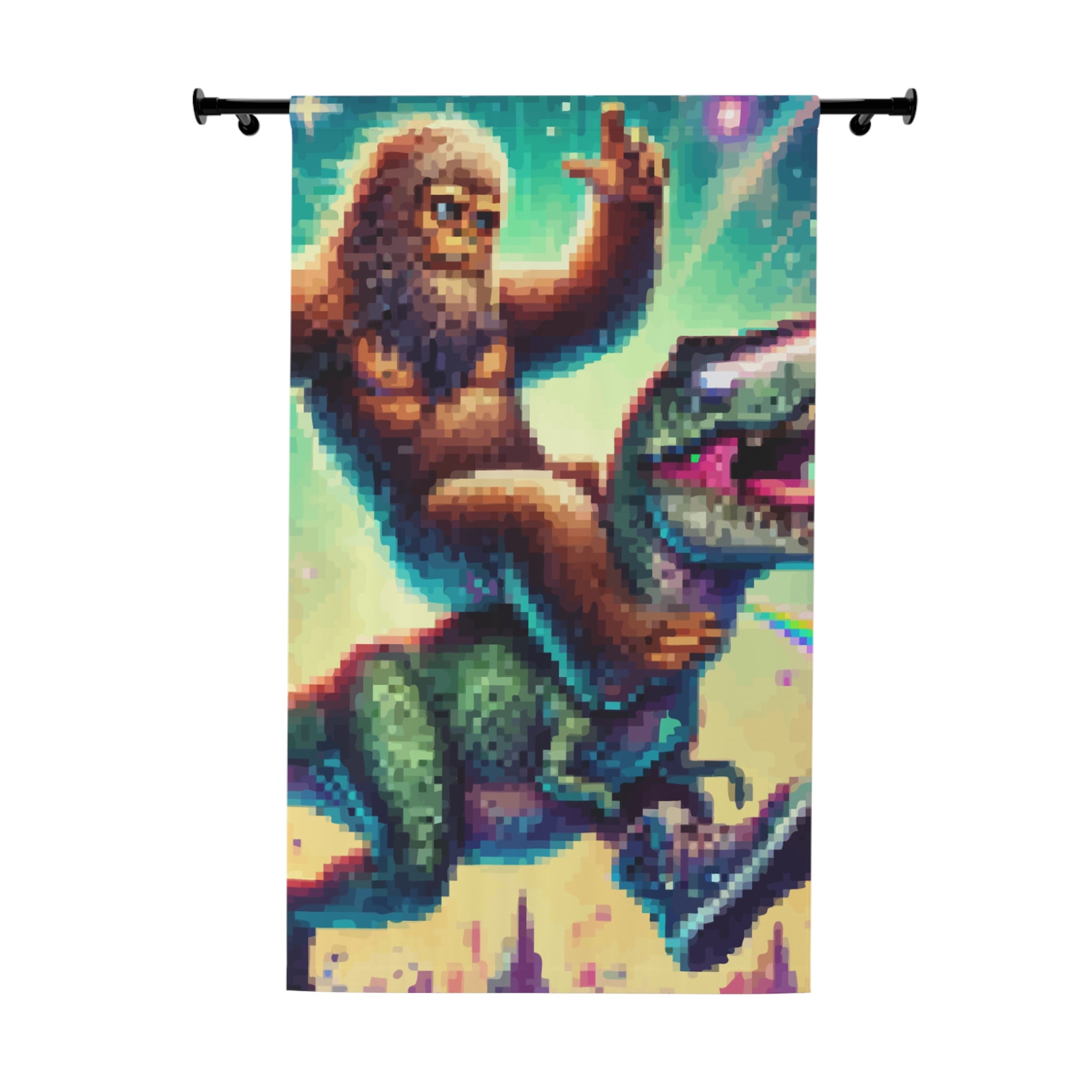 Pixelated Sasquatch Riding Dinosaur Blackout Window Curtain