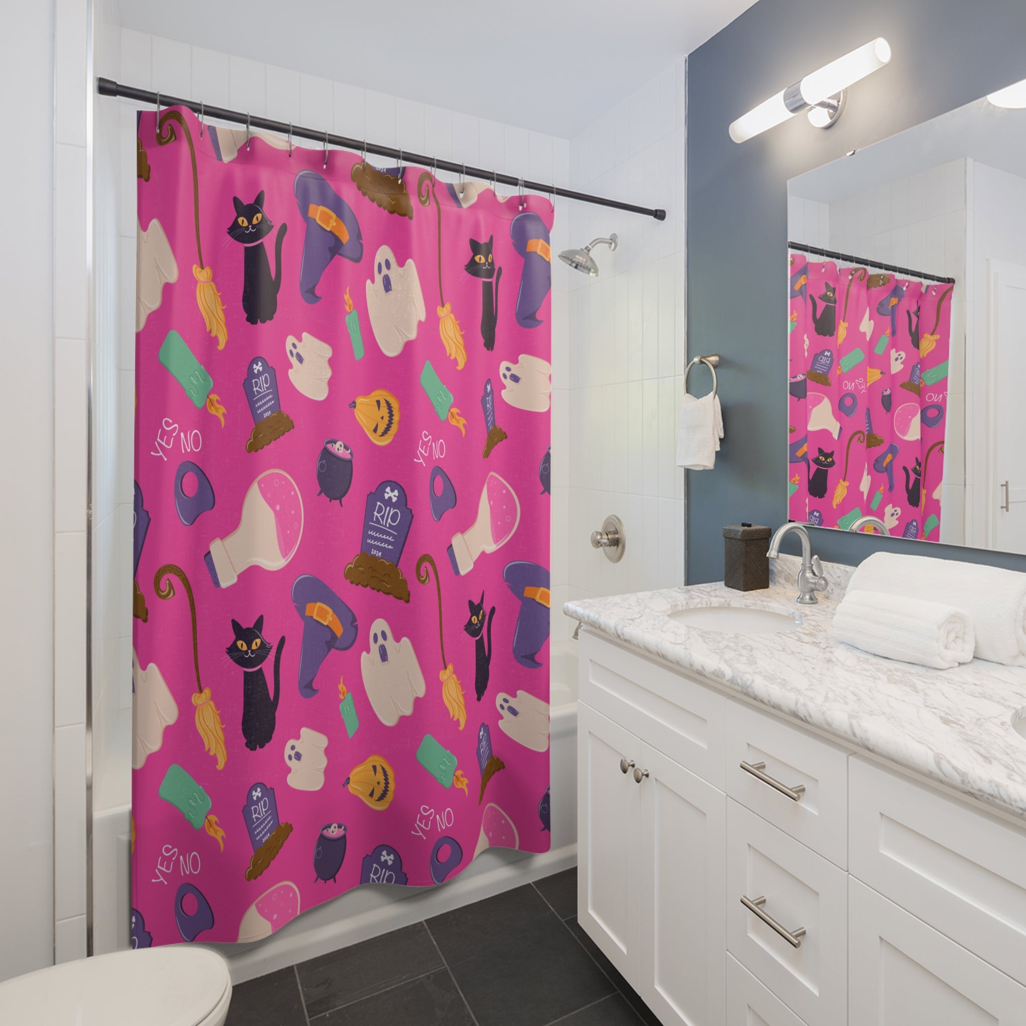 Spooky Halloween Shower Curtain, Fun Ghosts & Cats, Bathroom Decor, Holiday Party, Witchy Vibes, Unique Gift for Halloween