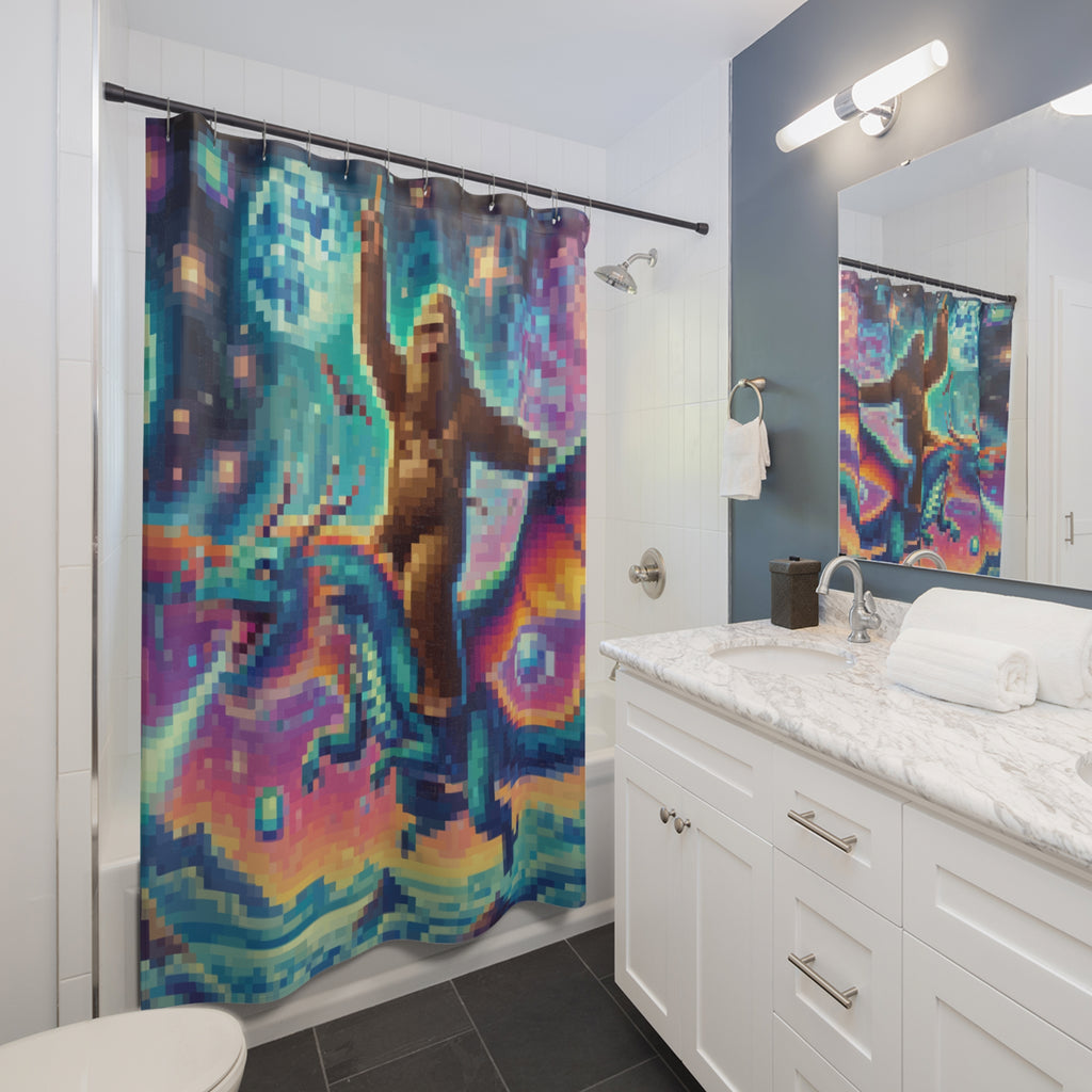 Cosmic Pixelated Bigfoot and Dragon Shower Curtain