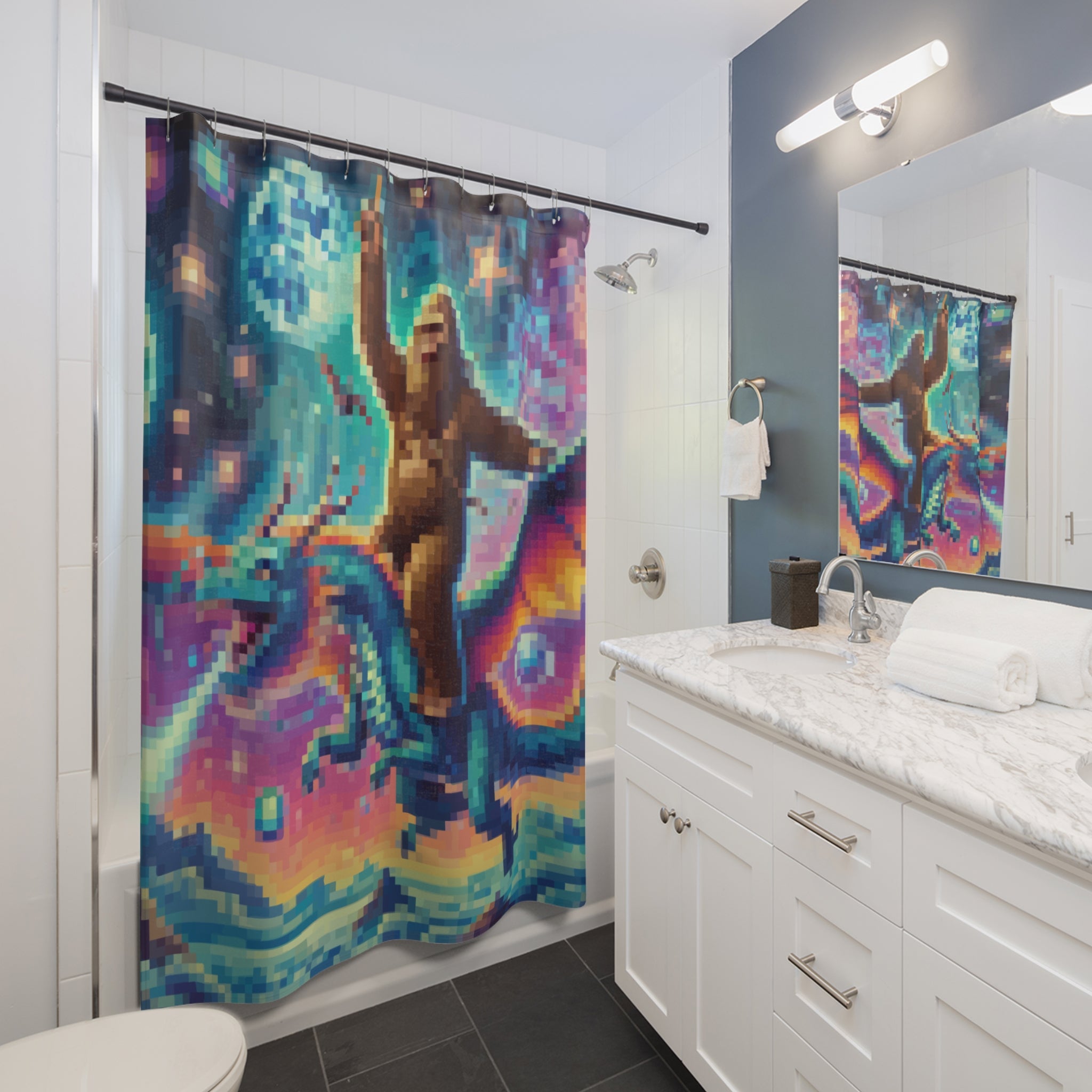 Cosmic Pixelated Bigfoot and Dragon Shower Curtain