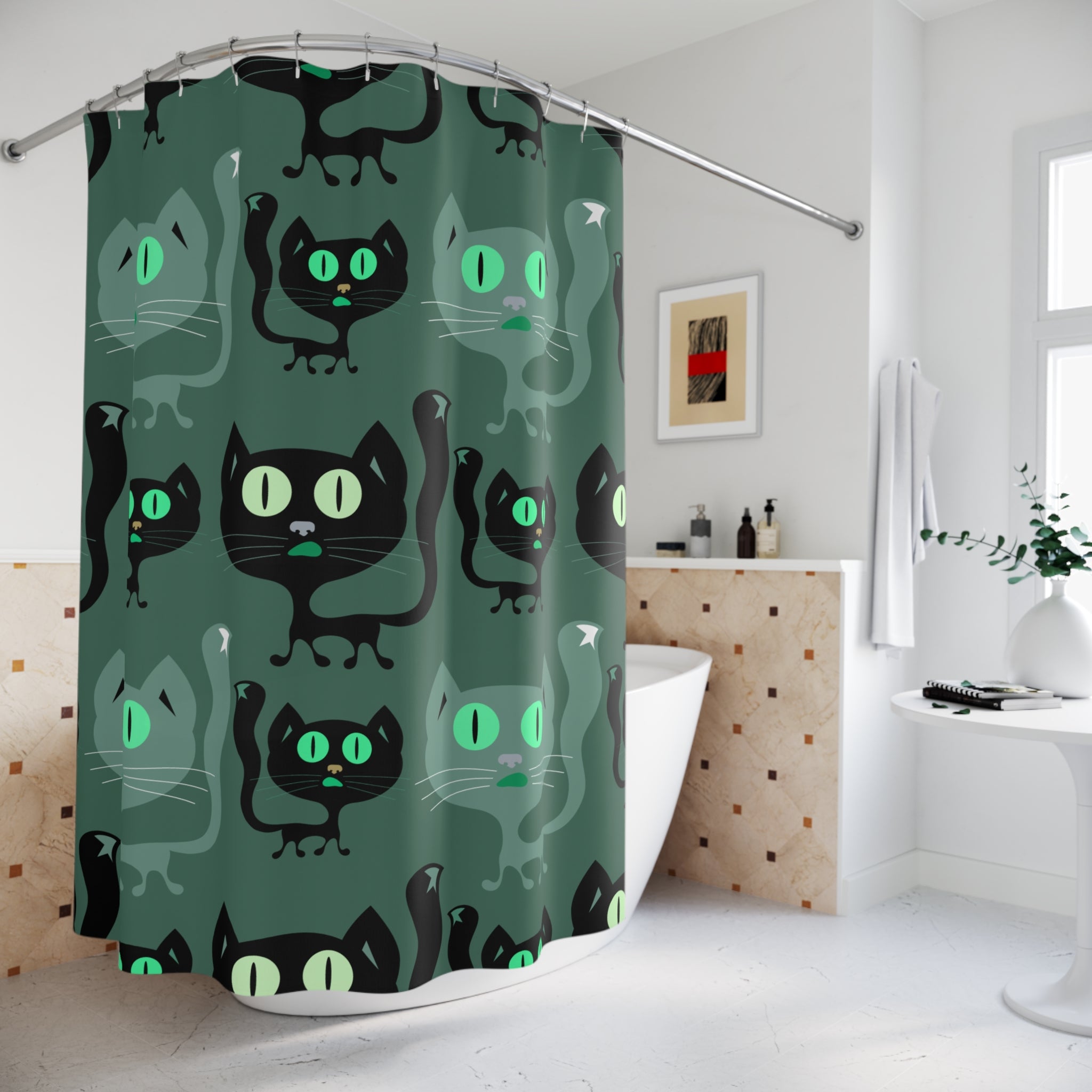 Playful Black Cat Greenish Cat Shower Curtain