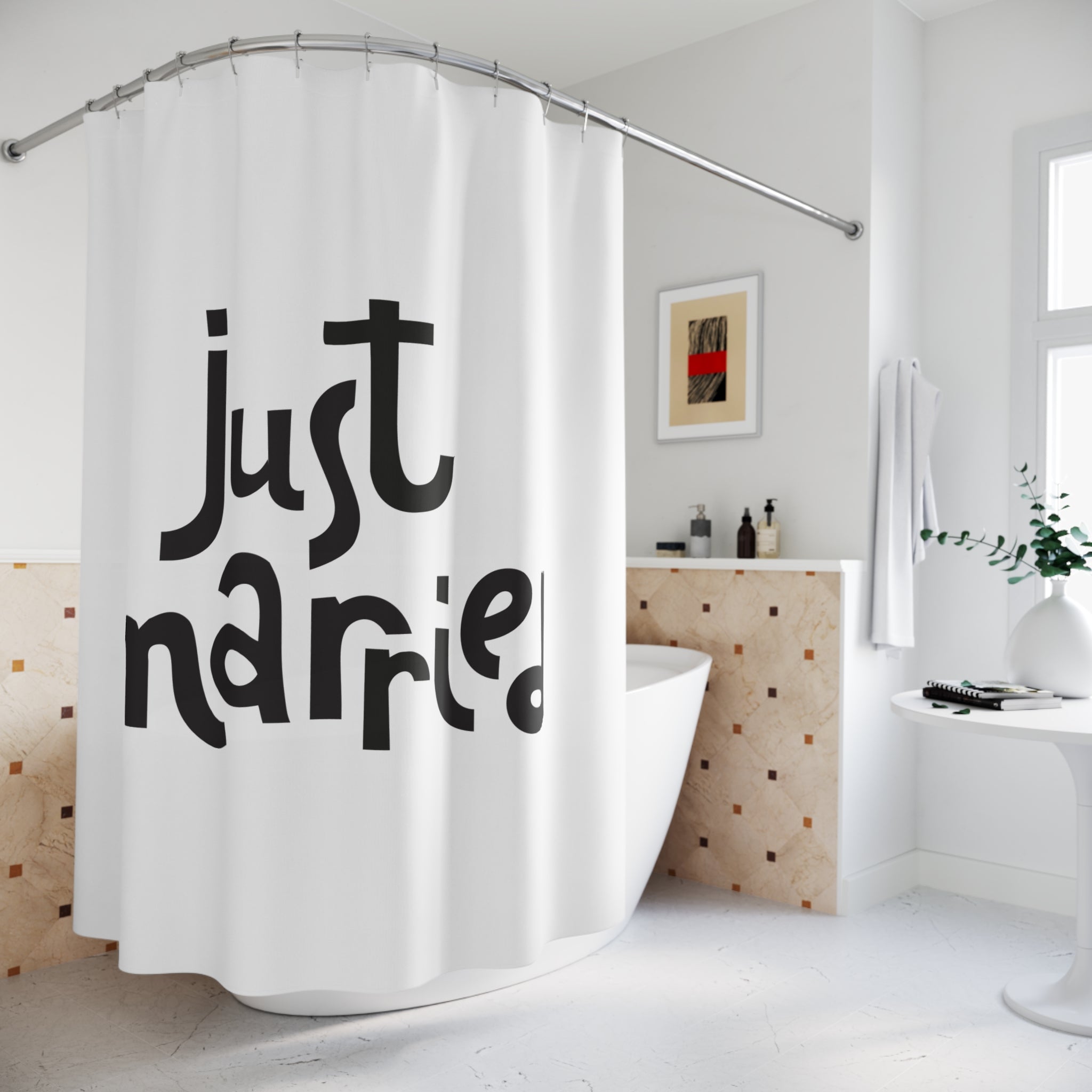 Just Married Shower Curtain | Wedding Decor, Bridal Gift, Bathroom Accessory, Newlywed Surprise, Home Decoration