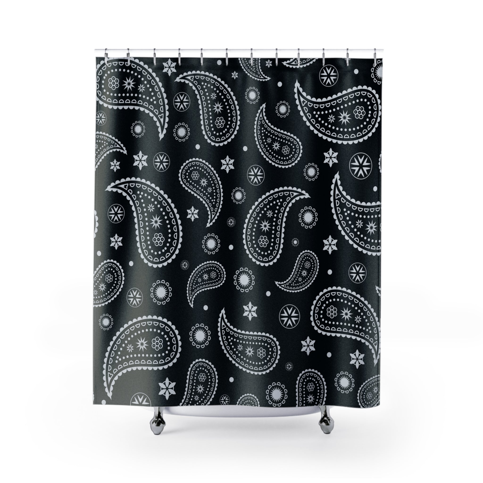 Black Bandana Pattern Shower Curtain, Bohemian Bathroom Decor, Black White Paisley Curtain, Floral Shower Curtains, Vintage Style