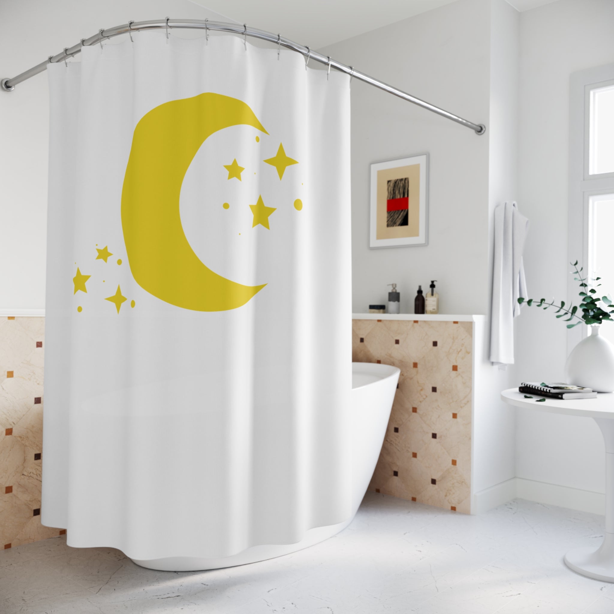 Celestial Moon & Stars on Off White Shower Curtain
