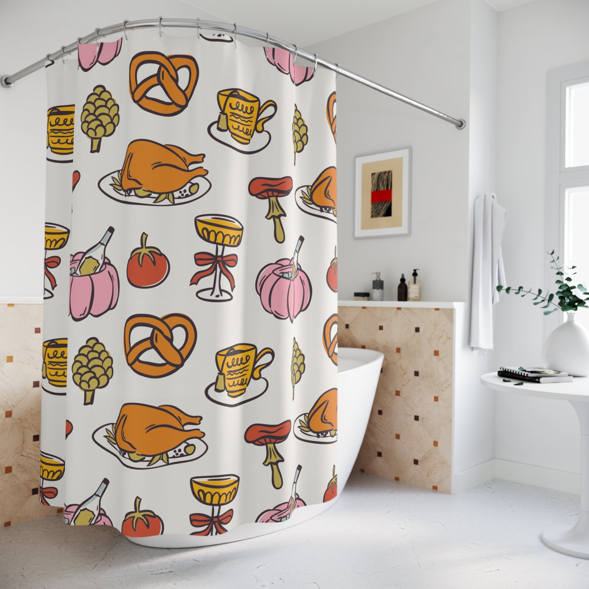 Thanksgiving Feast Shower Curtain, Festive Decor, Holiday Bathroom, Fall Celebration, Kitchen-Themed Gift