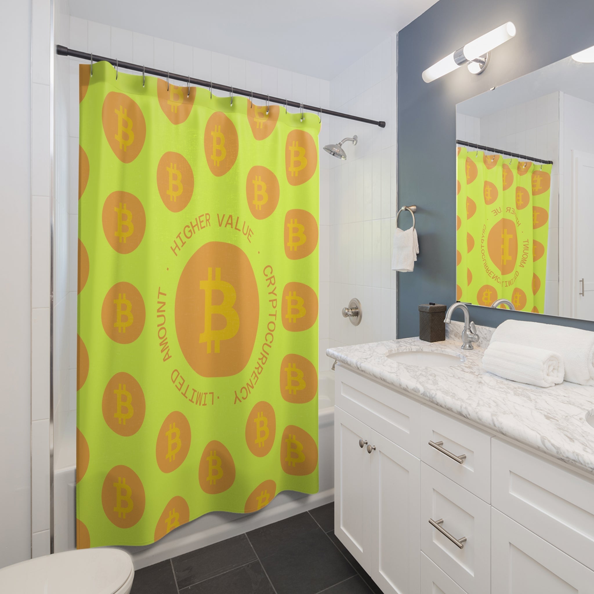 Bitcoin Motivational Cryptocurrency Shower Curtain, Vibrant Bath Decor, Crypto Gift, Unique Bathroom Accessory, Fun Home Decor