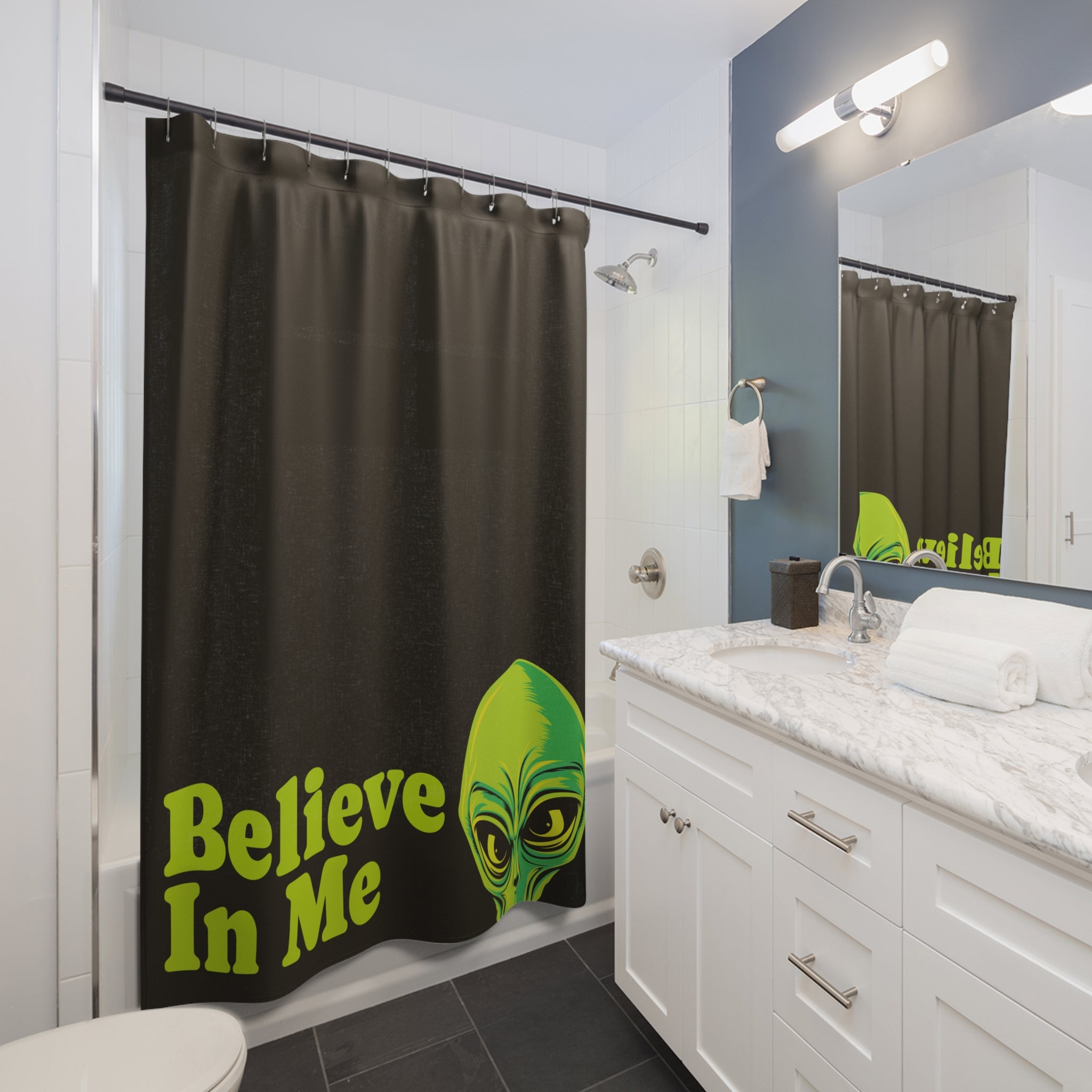 Believe in Alien Heads Shower Curtain