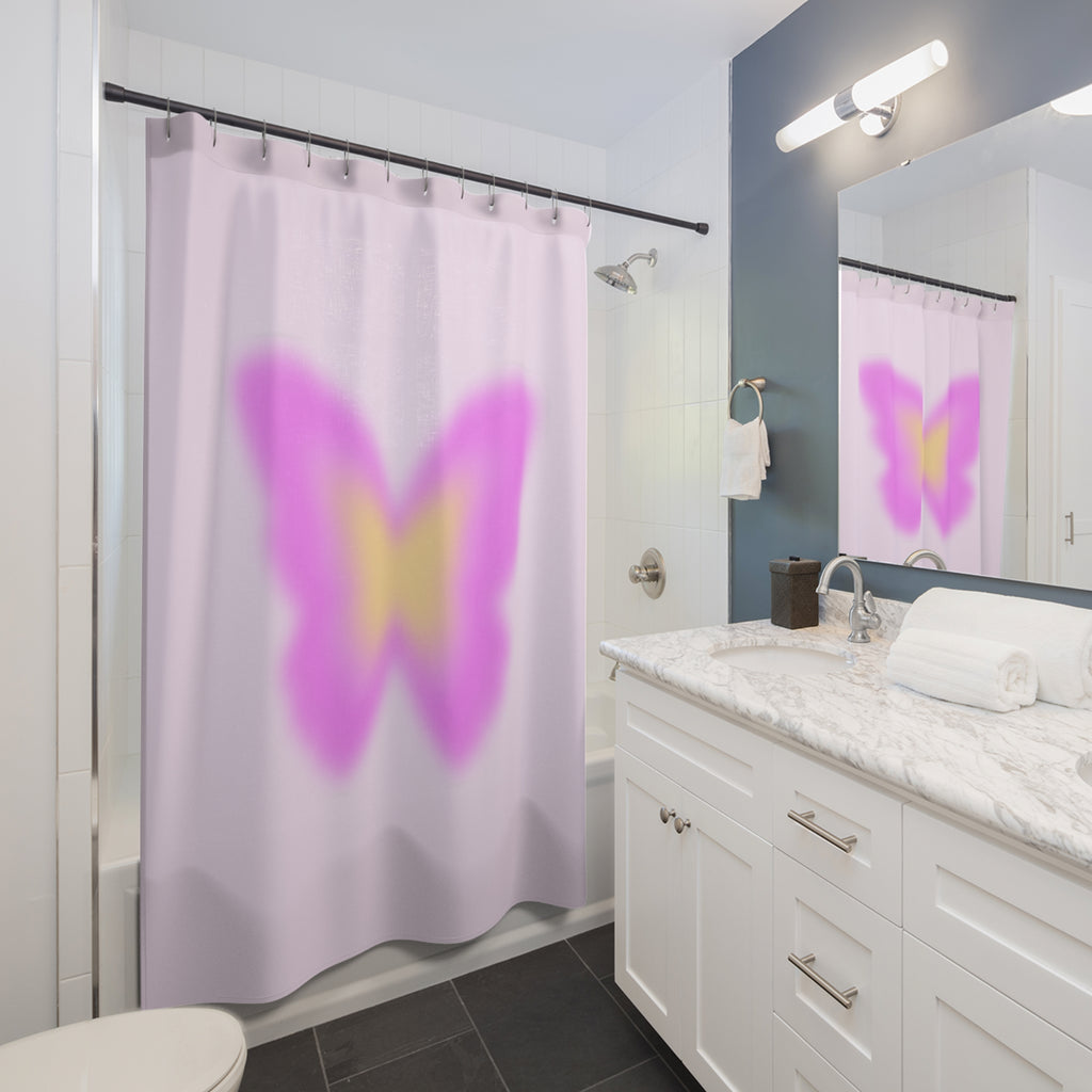 Aura Butterfly Bliss Shower Curtain | Floral Bathroom Decor, Boho Shower Curtain, Spring Vibes, Gift for Nature Lovers, Pink Butterfly Design