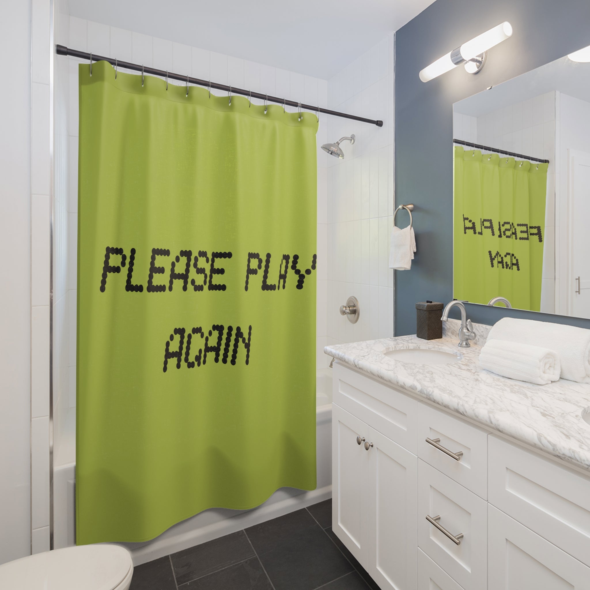 Retro Gaming Shower Curtain | Please Play Again Decor, Bathroom Accessory, Gamer Gift, Fun Home Décor, Unique Bathroom Art