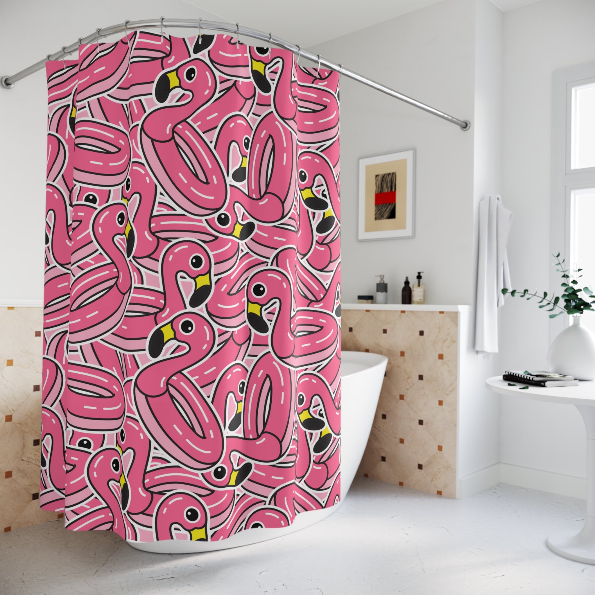 Fun Pink Flamingo Floaties Shower Curtain, Tropical Bathroom Decor, Summer Vibe, Gift for Pool Lovers, Colorful Home Accent